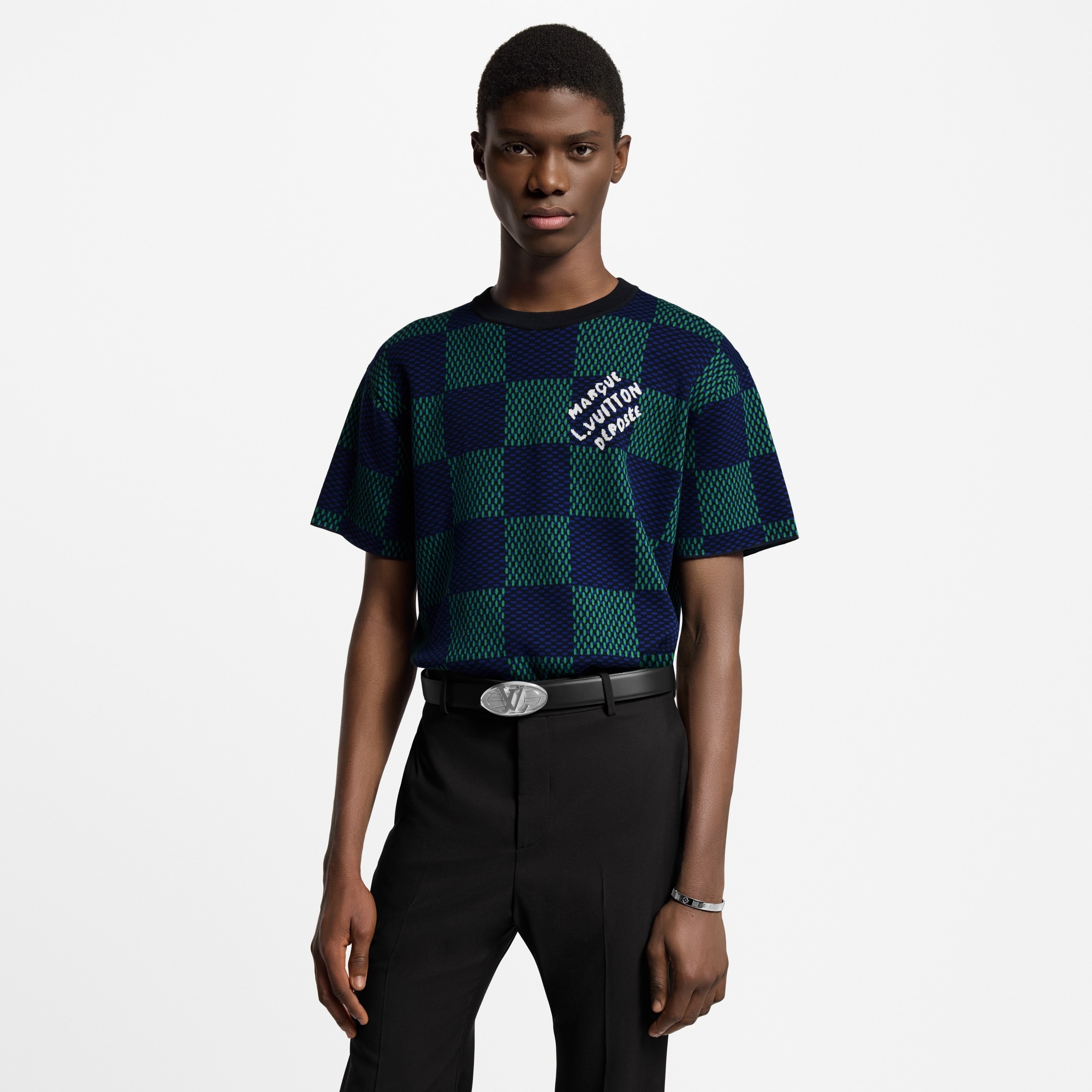 Jacquard Damier Short-Sleeved Cotton Crewneck - 2