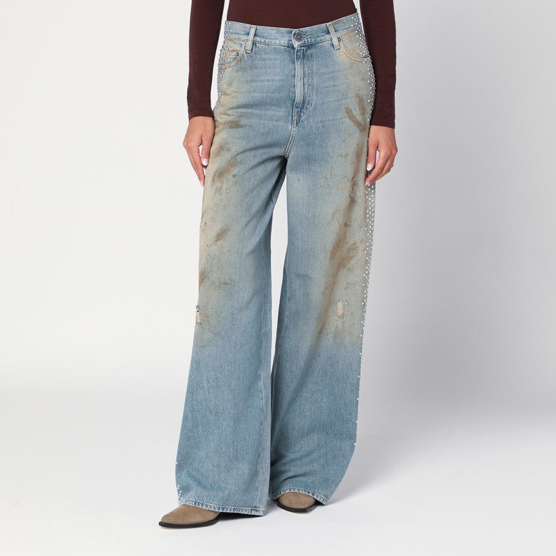 Golden Goose Wide Light Blue Jeans, Sand-Wash Distressed Effect Women - 1