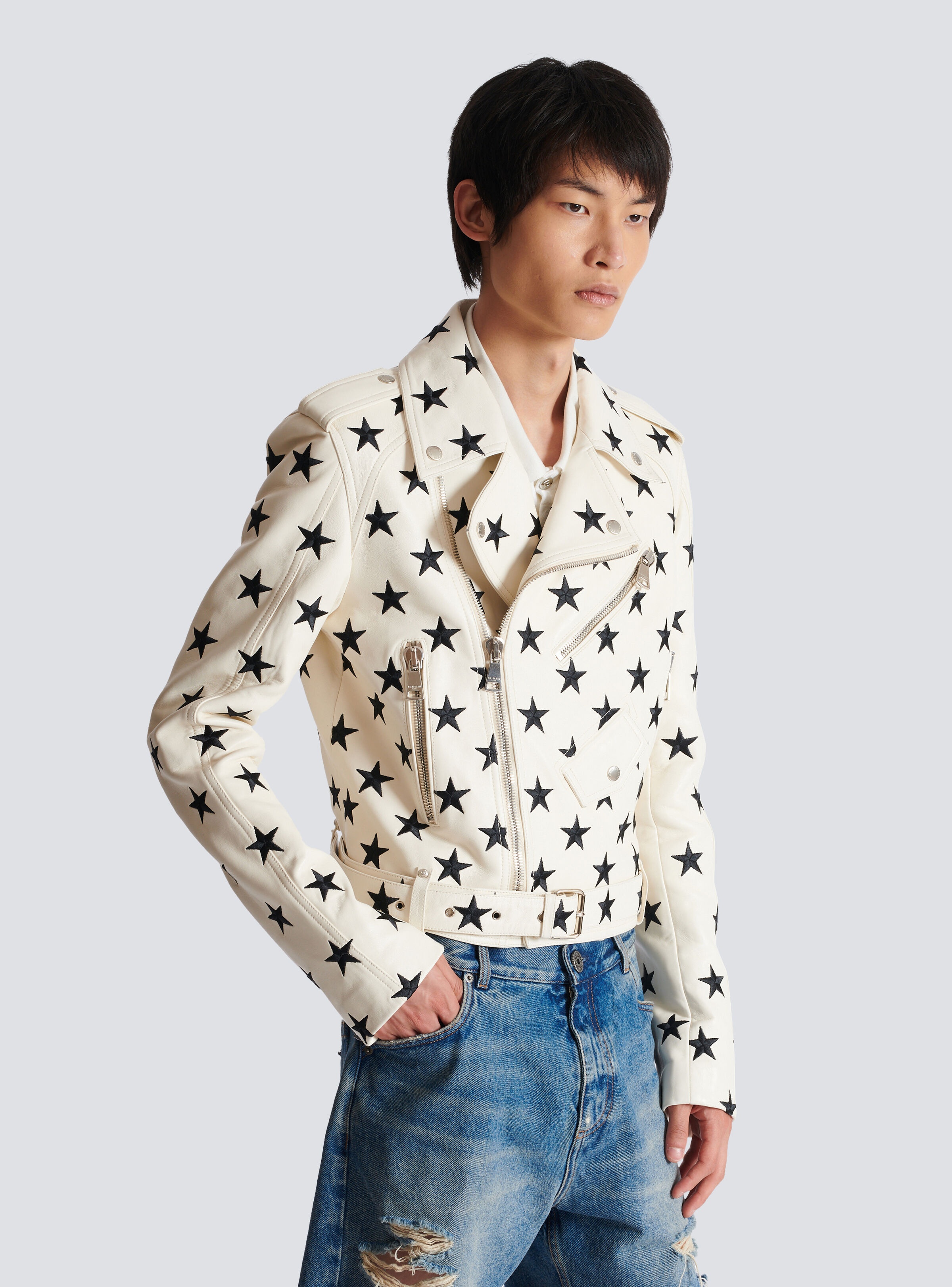 Stars biker jacket in embroidered leather - 6