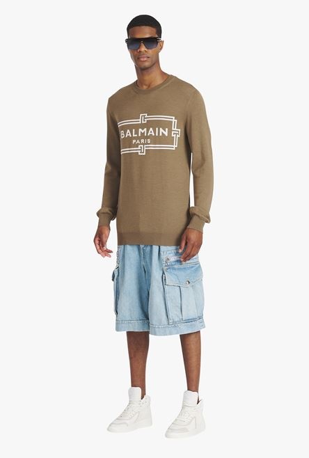 Taupe wool sweater with ecru Balmain Paris logo - 2