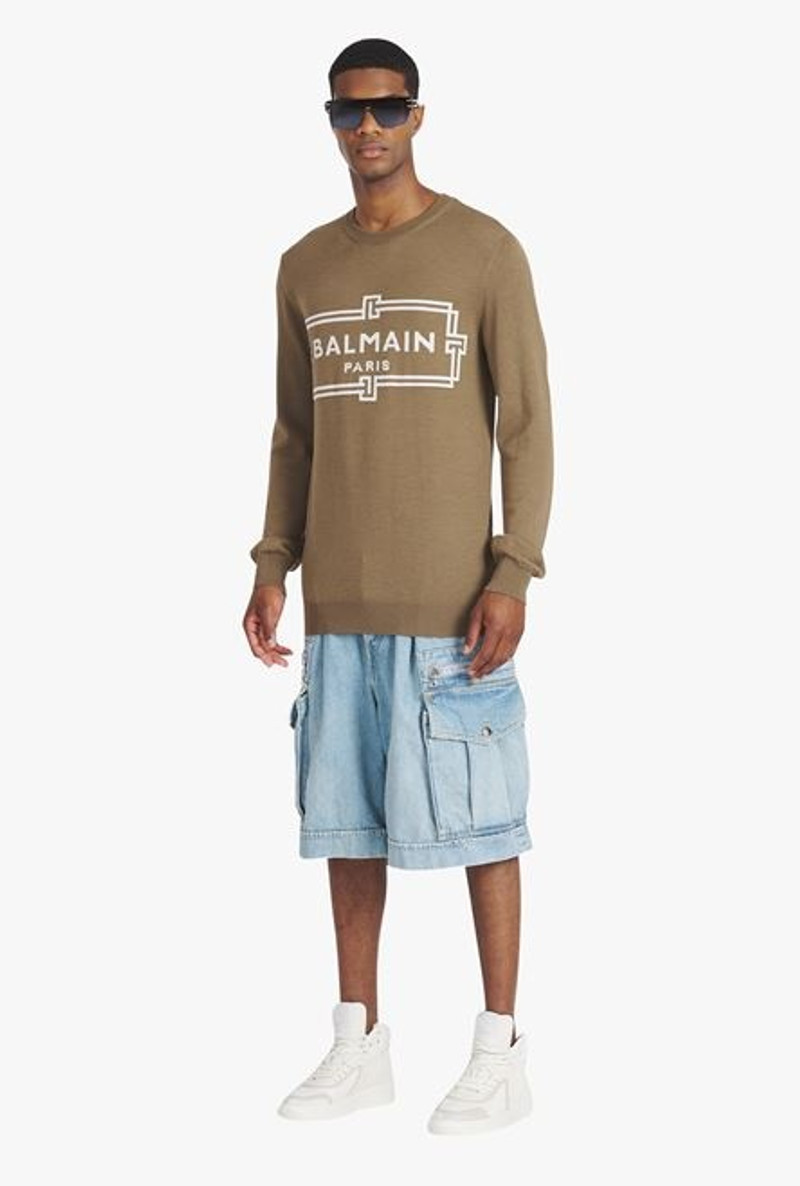 Balmain Taupe wool sweater with ecru Balmain Paris logo outlook