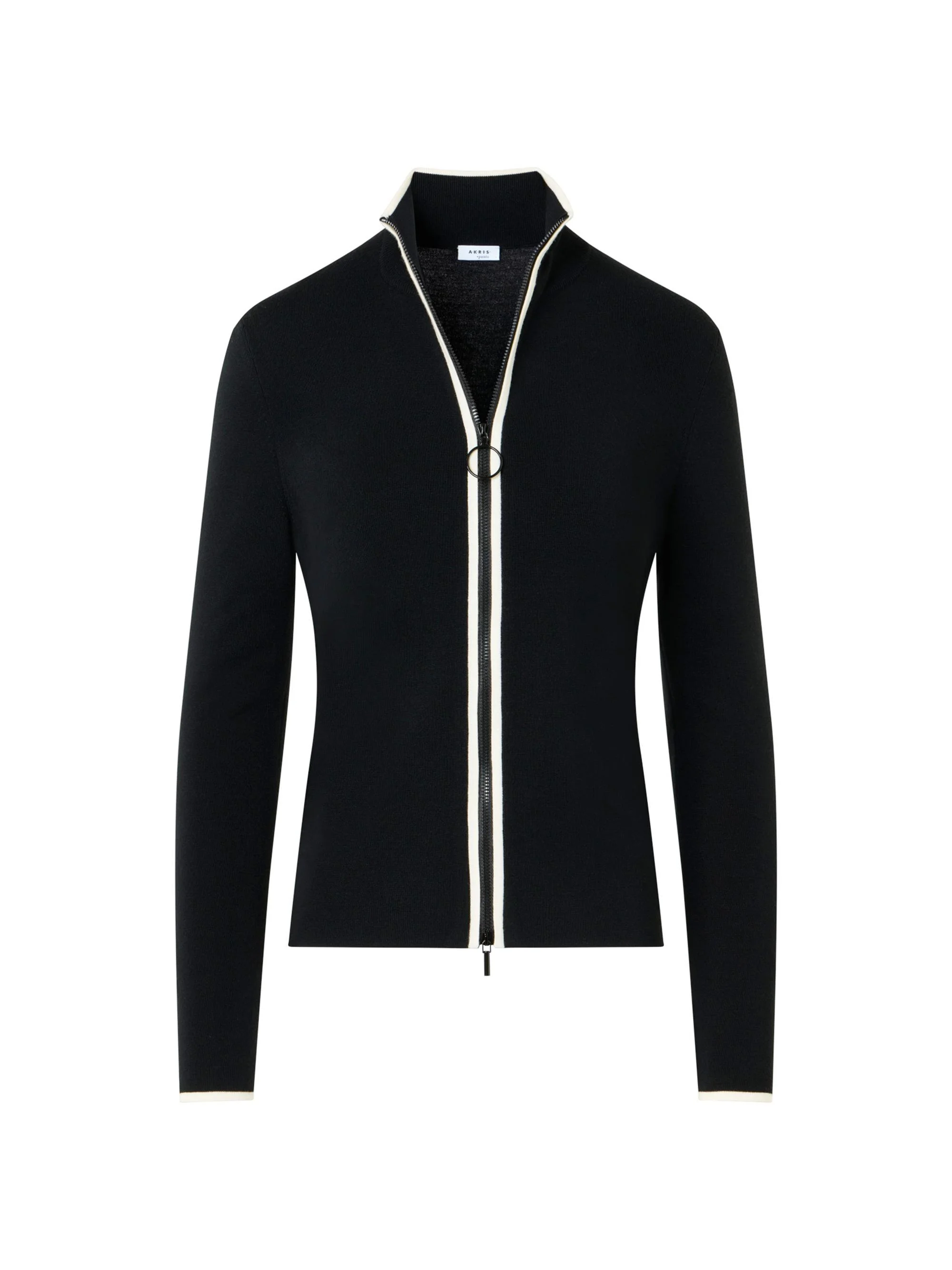 Women's Stripe Stretch Wool Zip Cardigan - Black Cream - 1