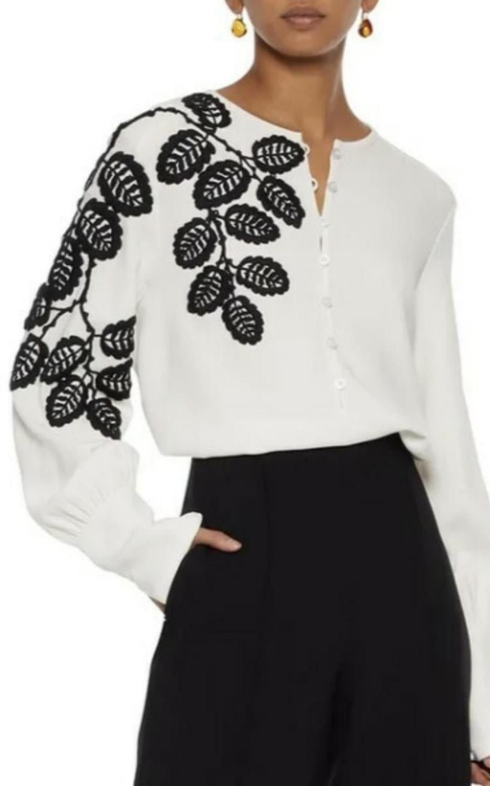 Leaf Embroidered Silk Blouse - 3