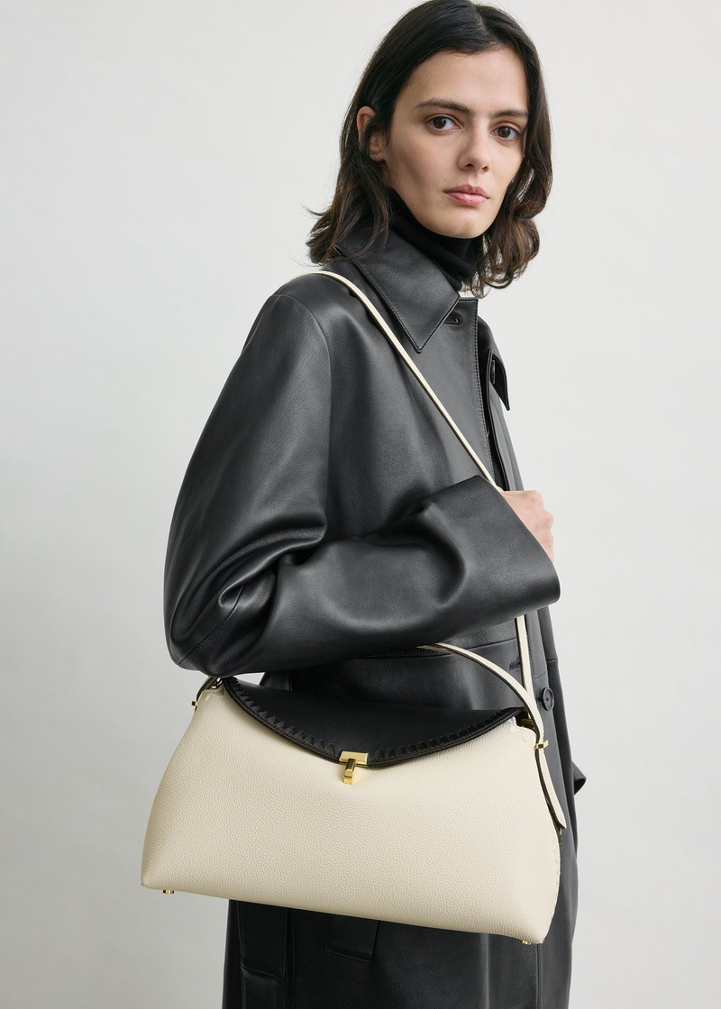 T-lock embroidered leather top handle black/milk 3