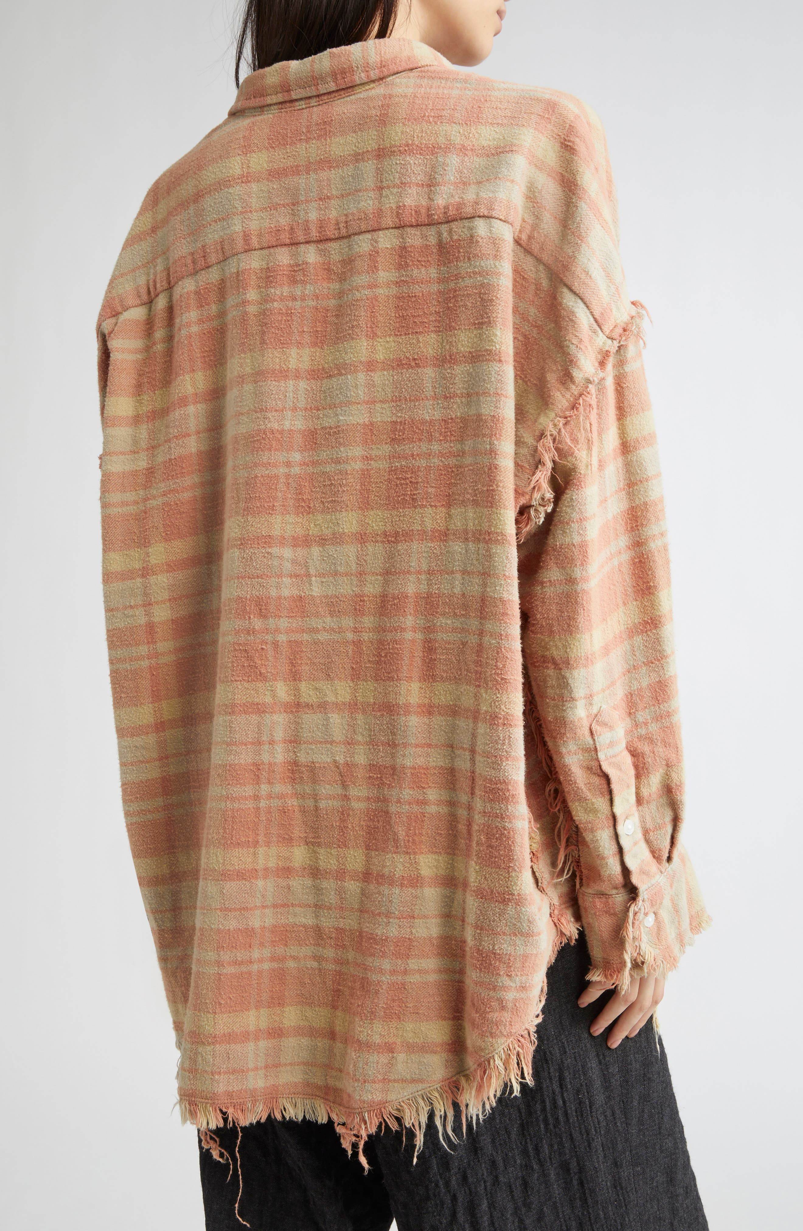 R13 Shredded Seam Drop Neck Plaid Flannel Button-Up Shirt in Washed-Out Red/Khaki Plaid at Nordstrom - 2