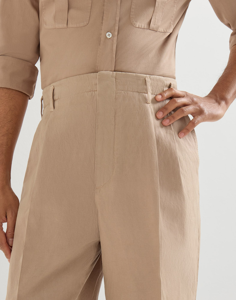 Garment-dyed trousers in cotton and linen canvas with double pleats 4