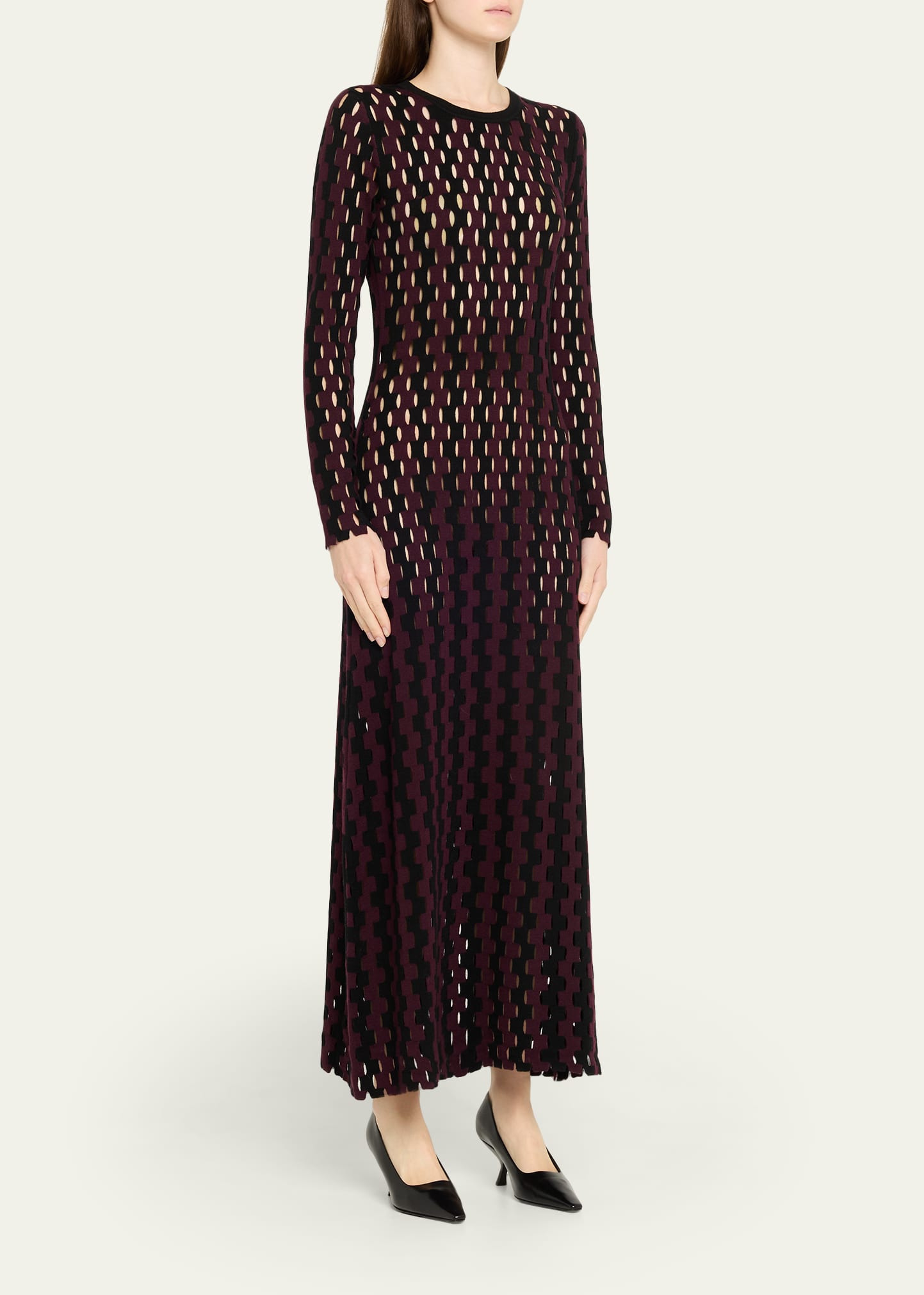 Natalie Two-Tone Open-Knit Long Sleeve Maxi Dress - 4