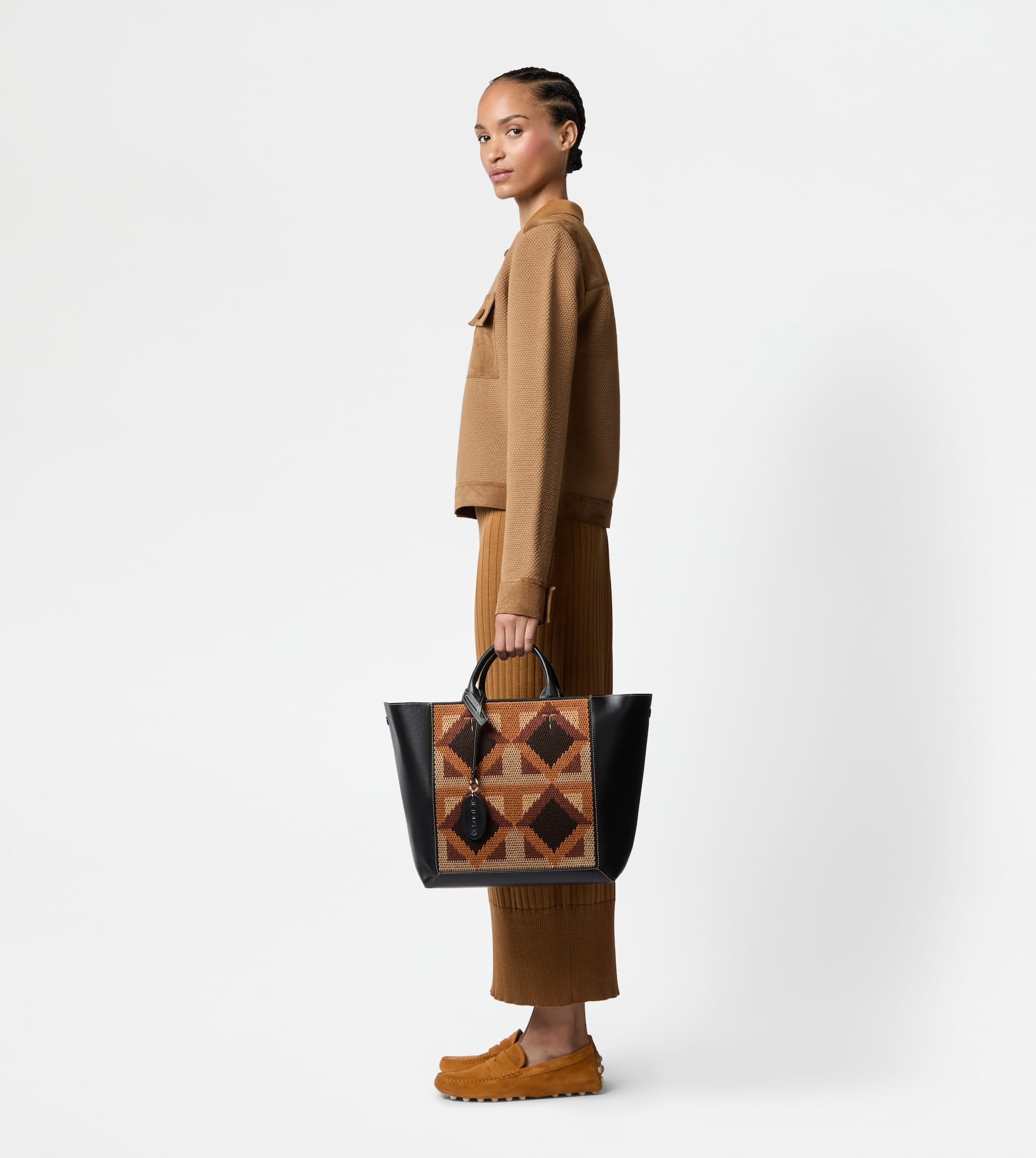 TOD'S DOUBLE UP SHOPPING BAG IN LEATHER AND FABRIC MEDIUM - BLACK, BEIGE, ORANGE - 10
