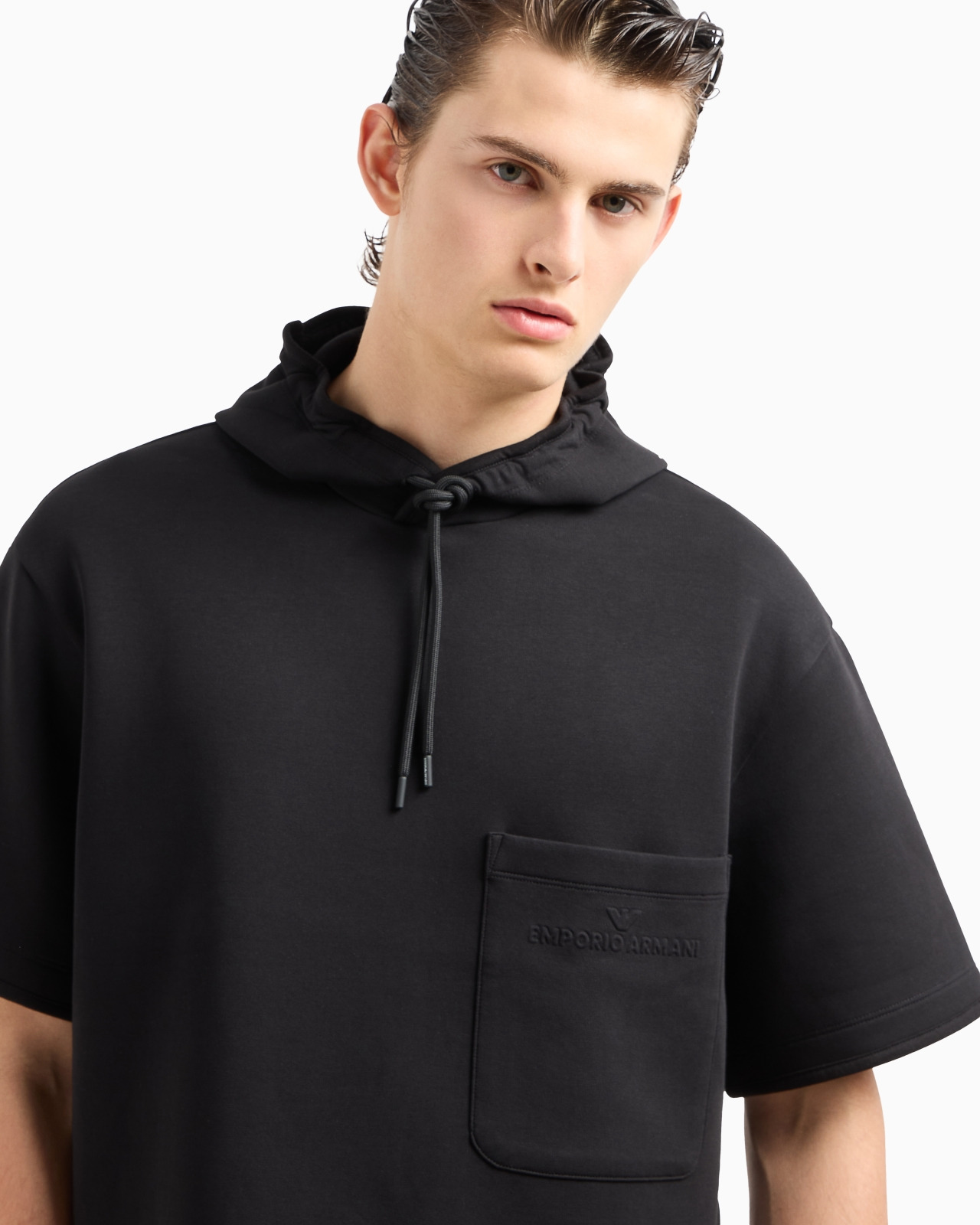 Short-sleeved double-jersey hooded sweatshirt with a patch pocket - 5