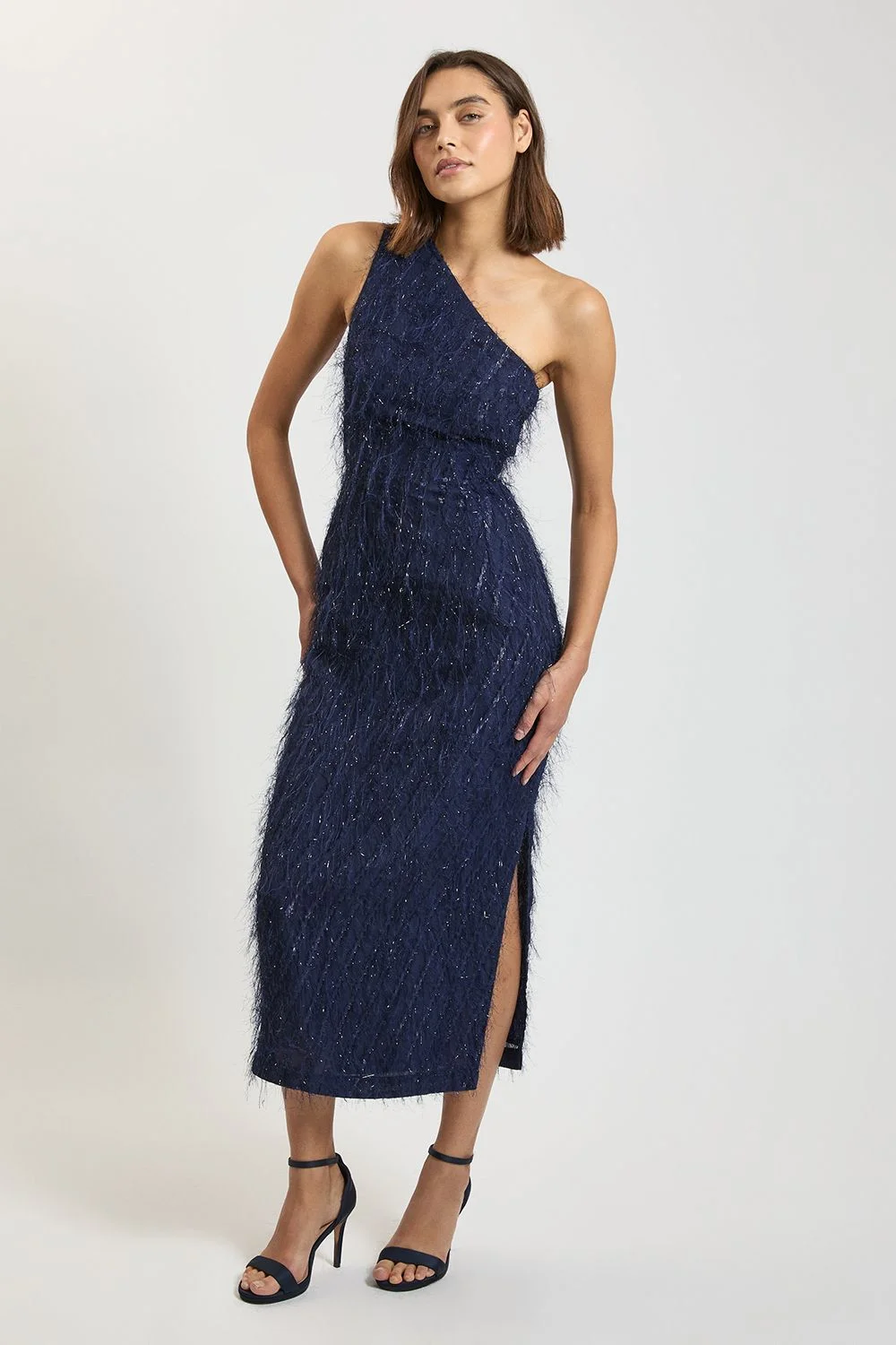 Tinsel Fringe One Shoulder Asymmetric Midi Dress - 1
