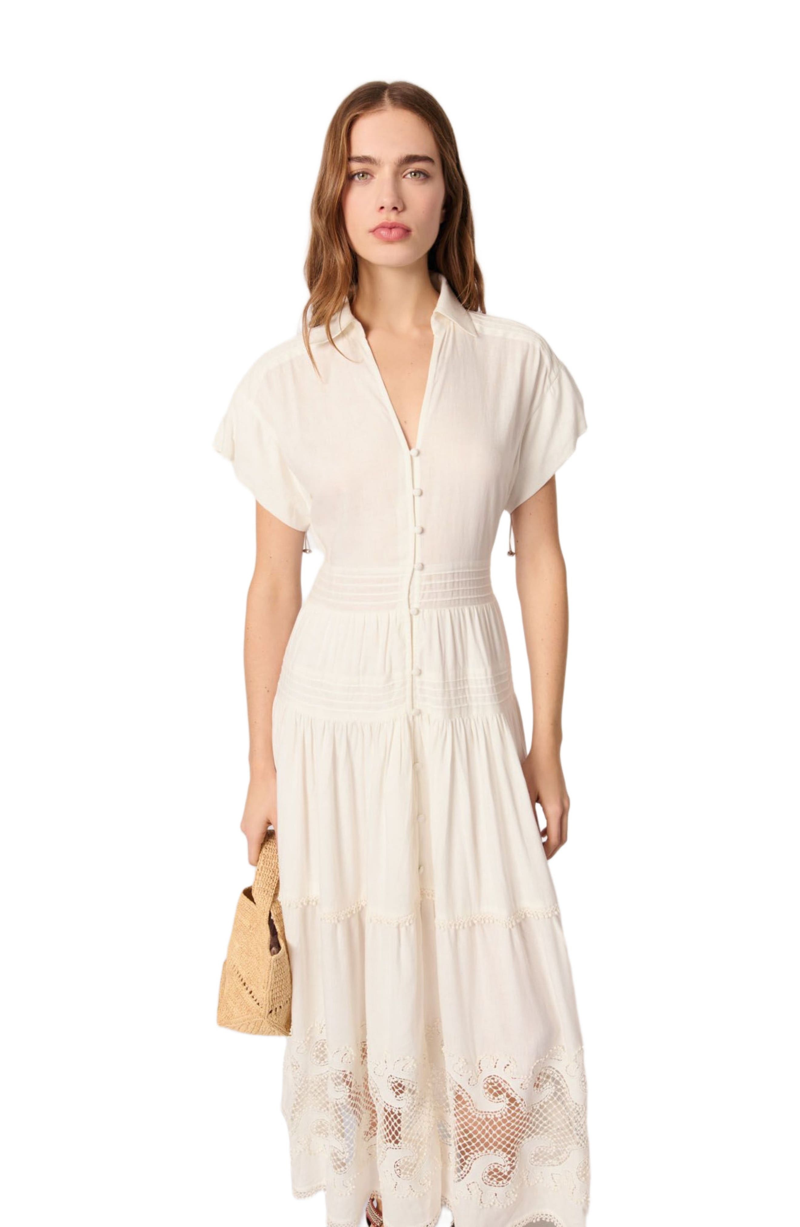 maje Embroidered ruffled maxi dress in Ecru at Nordstrom - 4