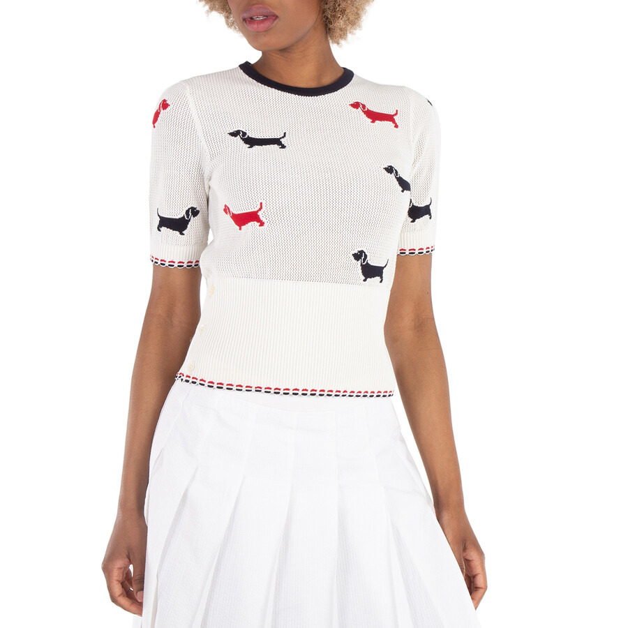 Thom Browne Ladies Cotton Pointelle Crewneck Hector Tee - 1