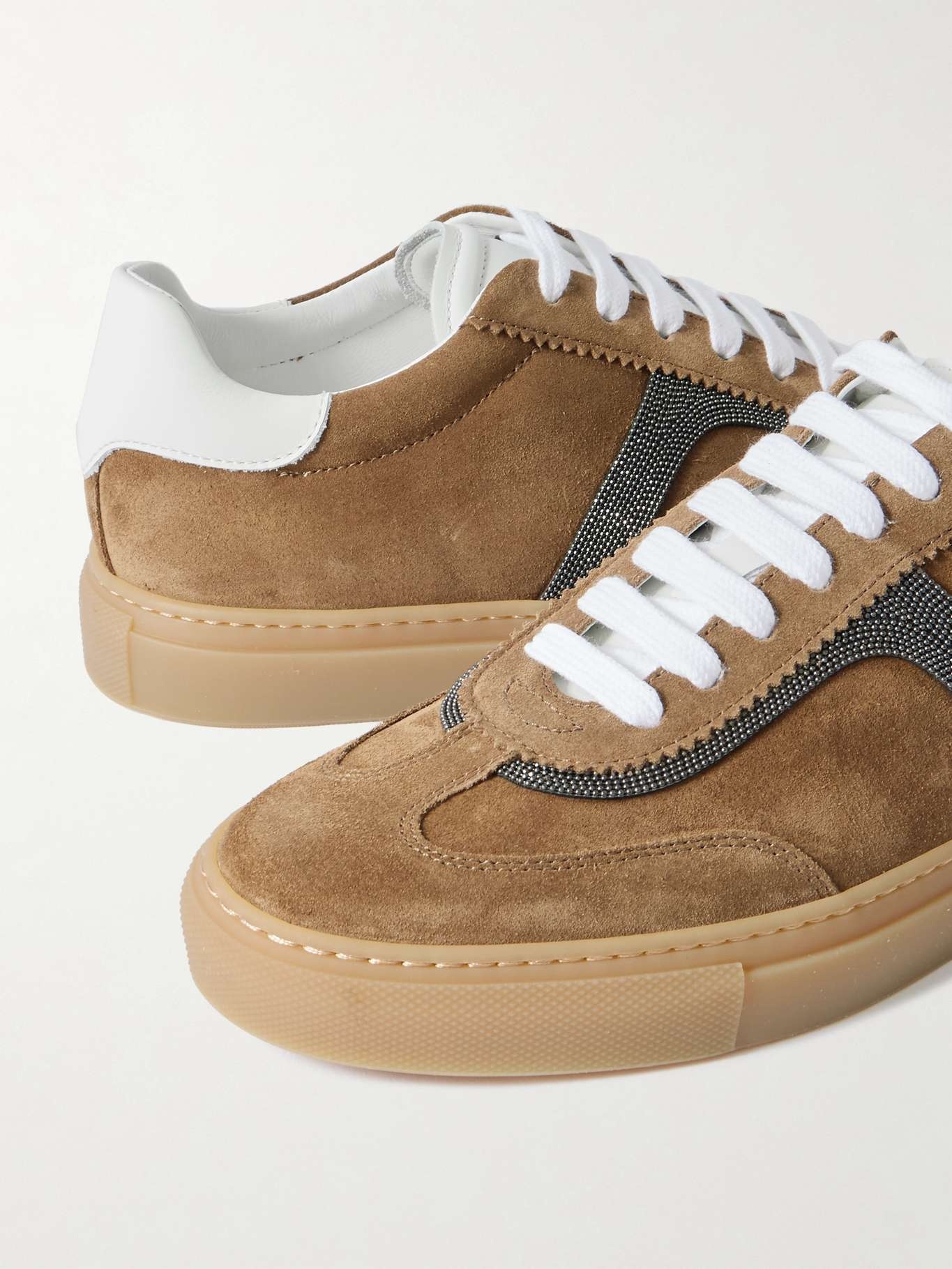 Bead-embellished leather-trimmed suede sneakers Tan - 4