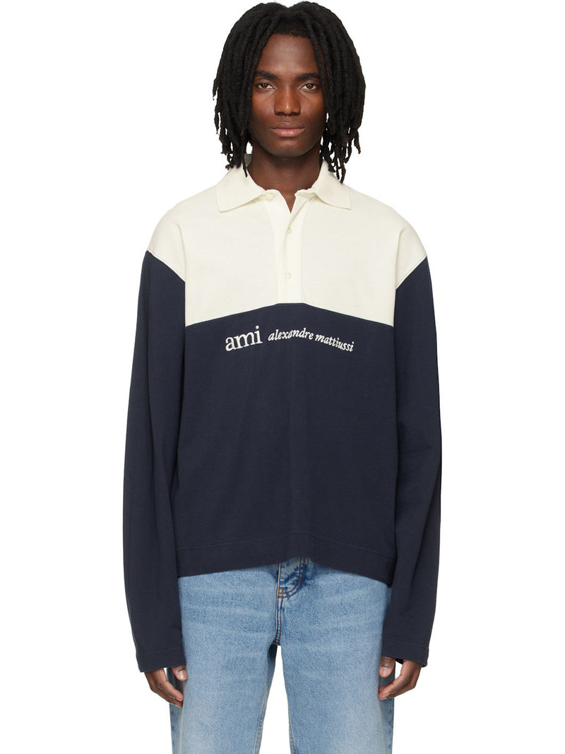 Off White & Navy Embroidery Boxy Fit Polo 1
