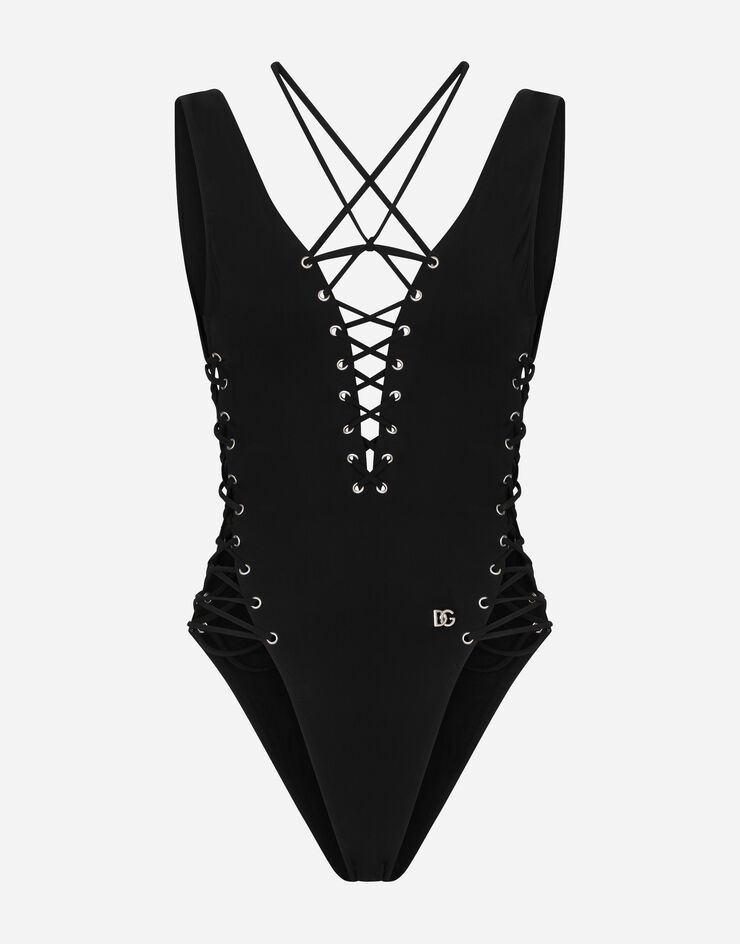 One-piece swimsuit with plunging neckline and lacing and eyelets - 1