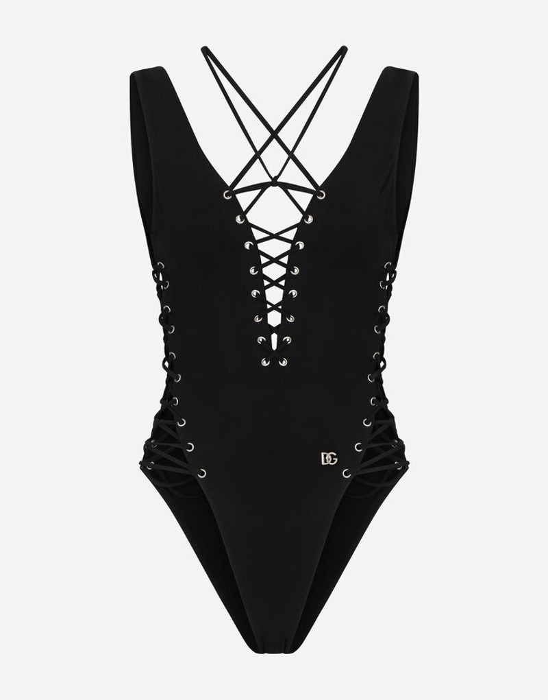 One-piece swimsuit with plunging neckline and lacing and eyelets 1