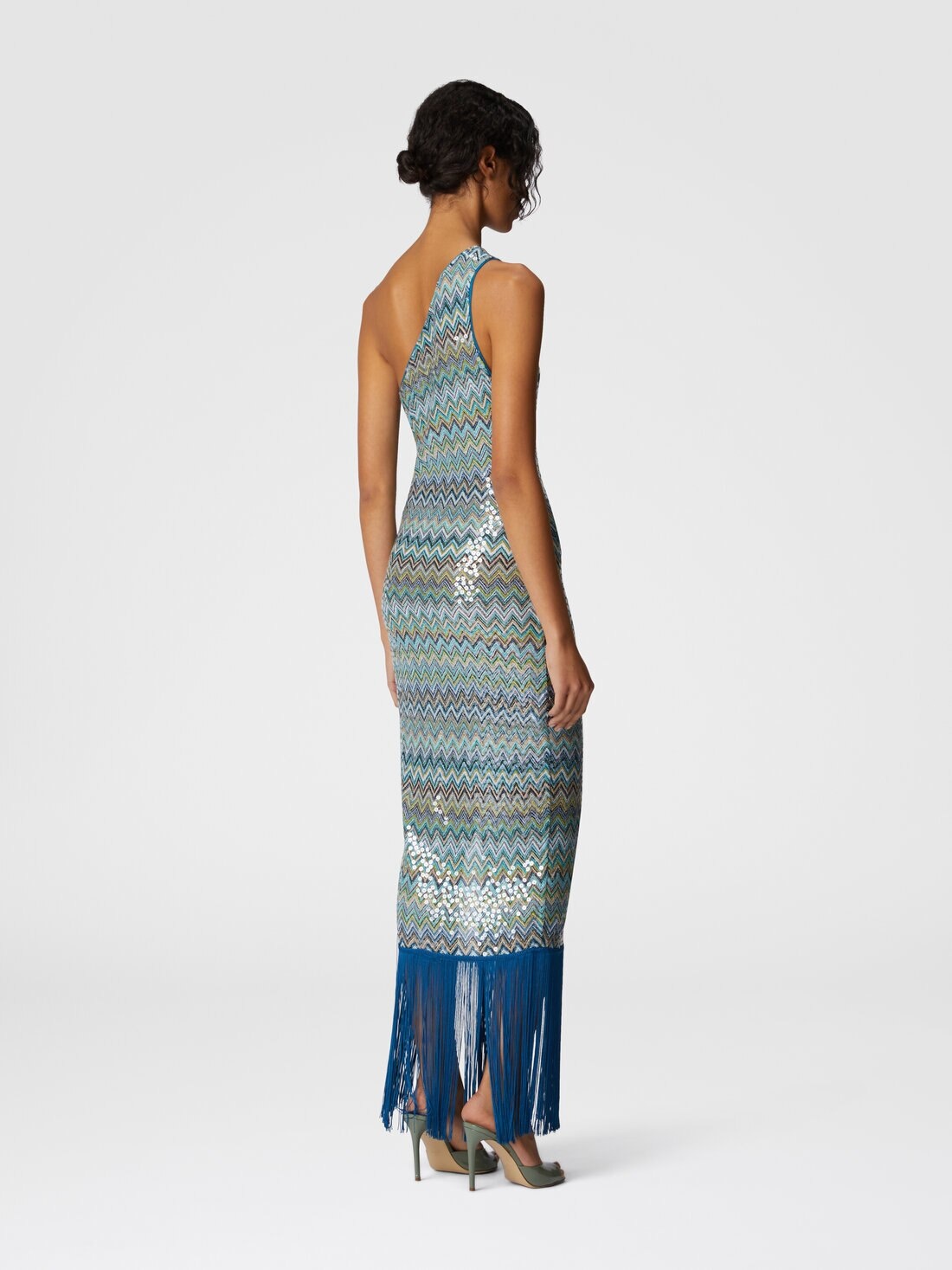 Long one-shoulder cover-up dress in zig zag lamé viscose with sequins and fringes - 3