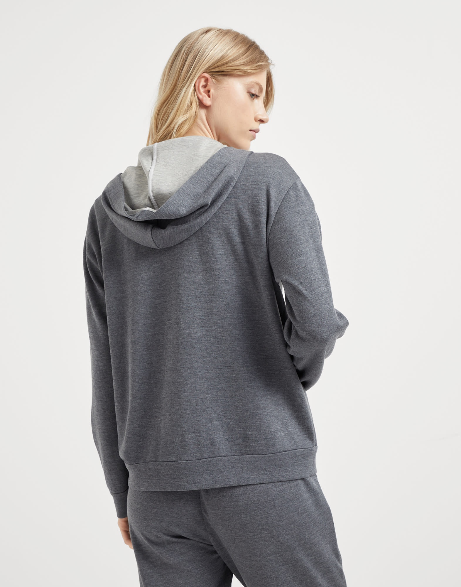 Cotton and silk interlock hooded sweatshirt with precious zipper pull - 2