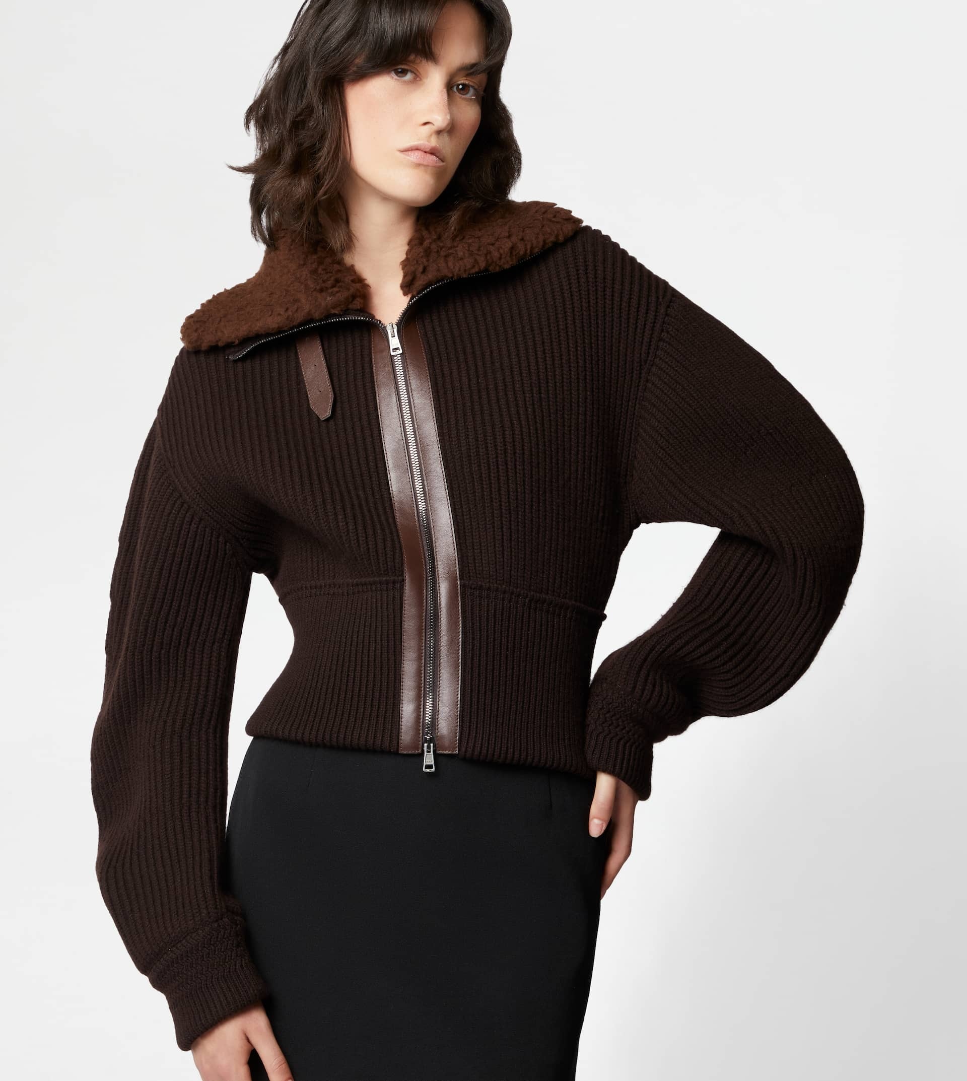 CARDIGAN JACKET WITH LEATHER INSERTS - BROWN - 7