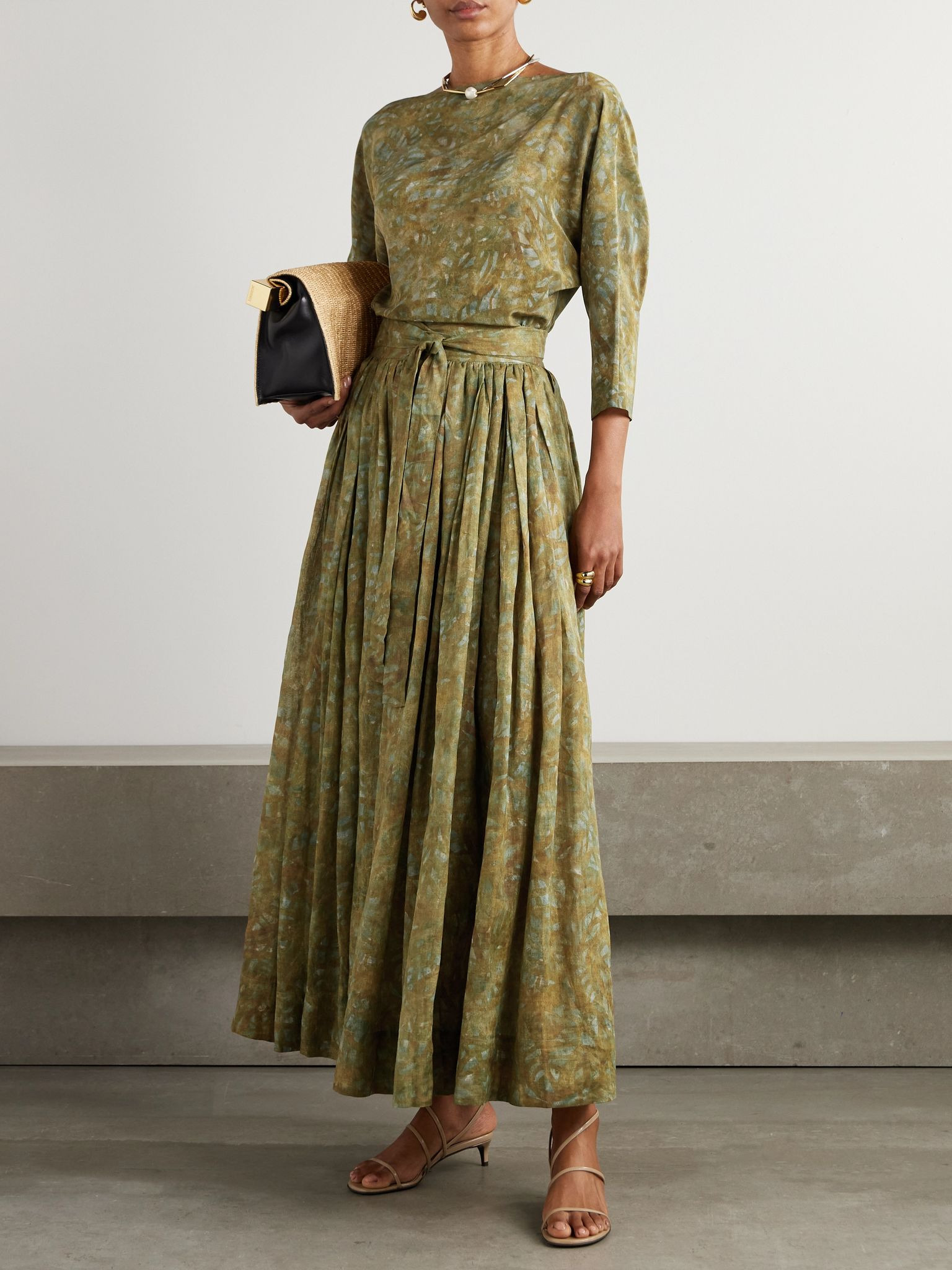 Lil pleated printed ramie maxi skirt Green - 2