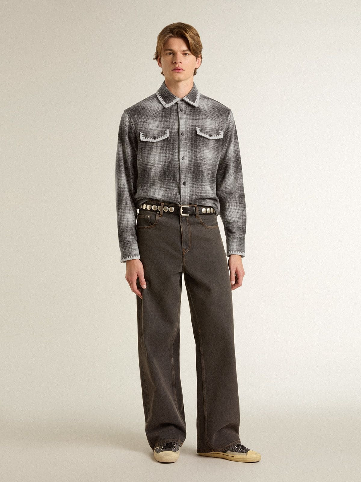 Men's gray shirt with white embroidery - 3