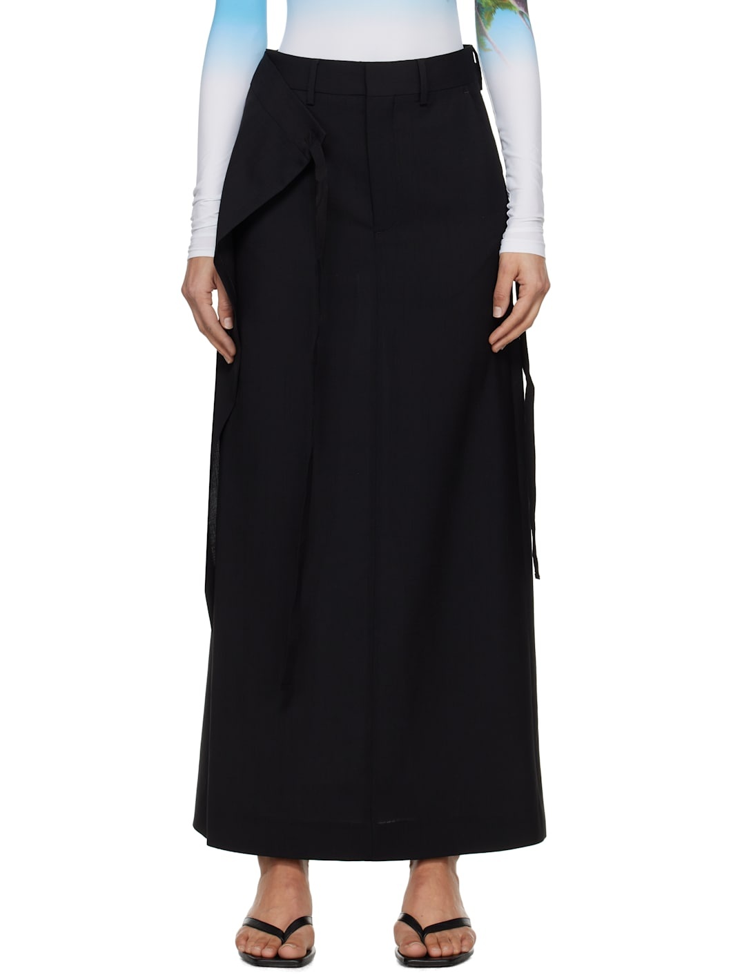 Black Tailoring Wool Canvas Tie Maxi Skirt - 1