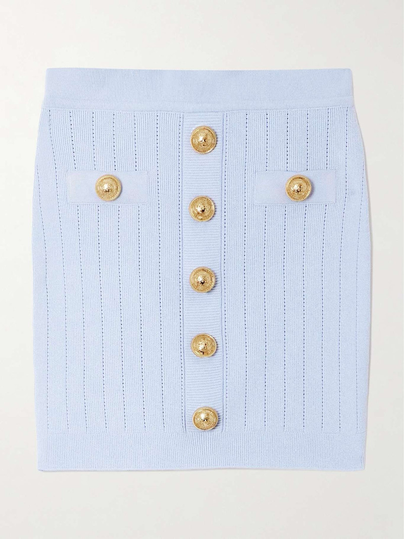 Button-embellished ribbed-knit mini skirt Blue - 1