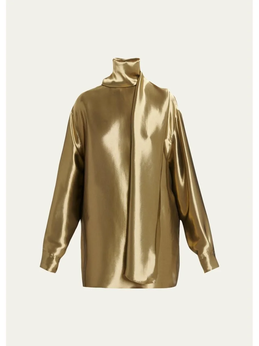 Metallic Wool Draped Turtleneck Shirt - 1