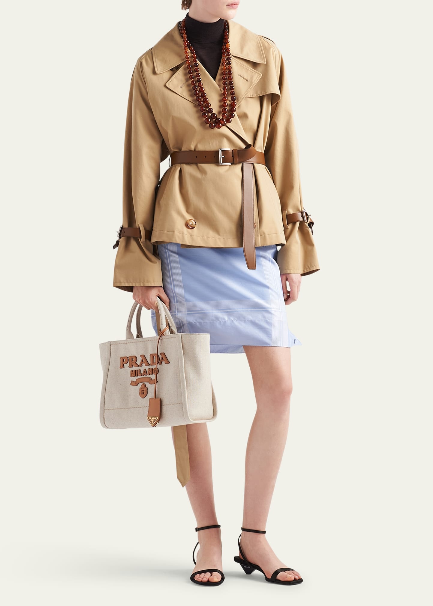 Short Leather Belted Twill Trench Jacket - 2