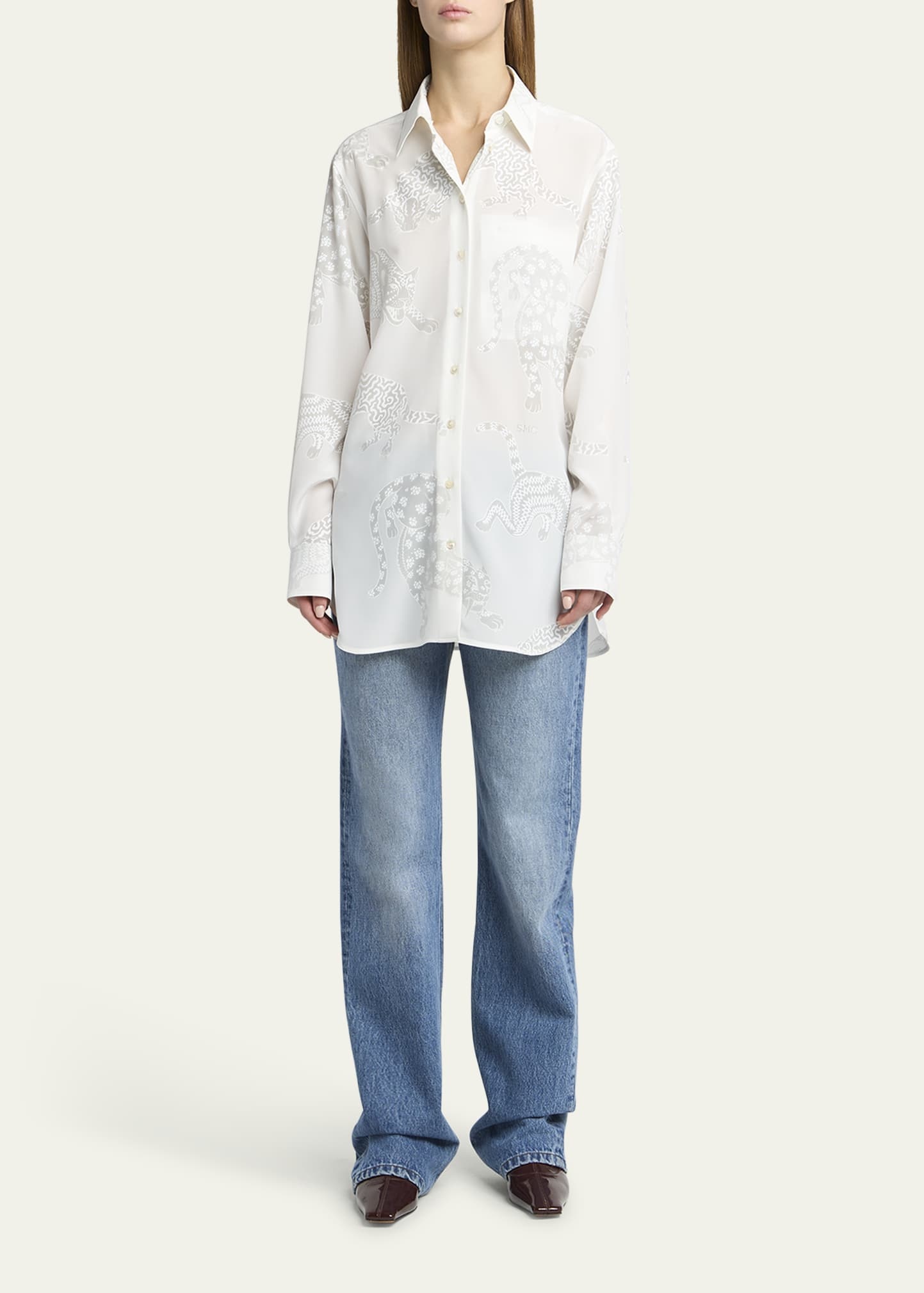 Cat Burnout Button Down Silk Blouse - 2