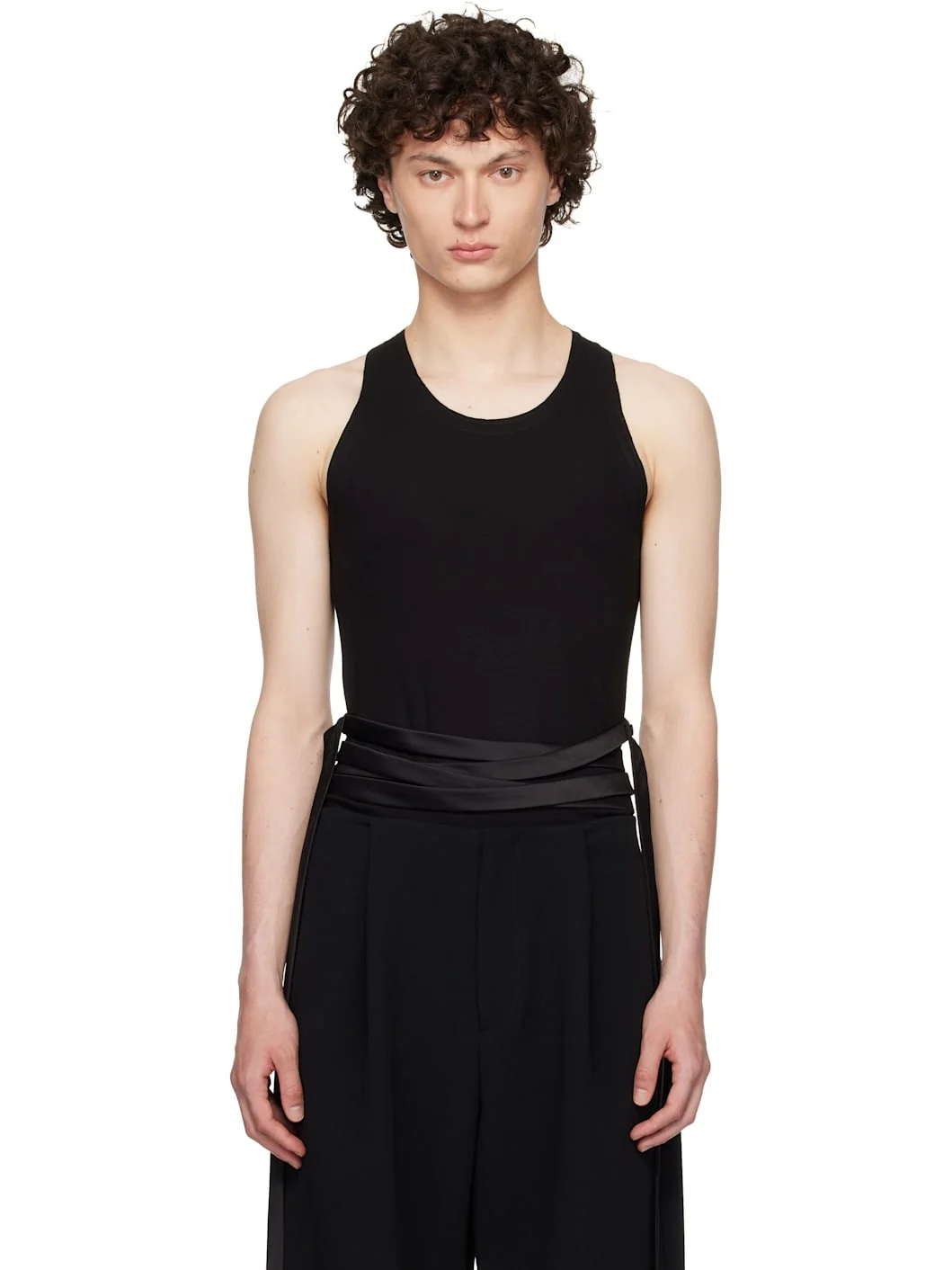 Black Satin Tie Jersey Tank Top - 1