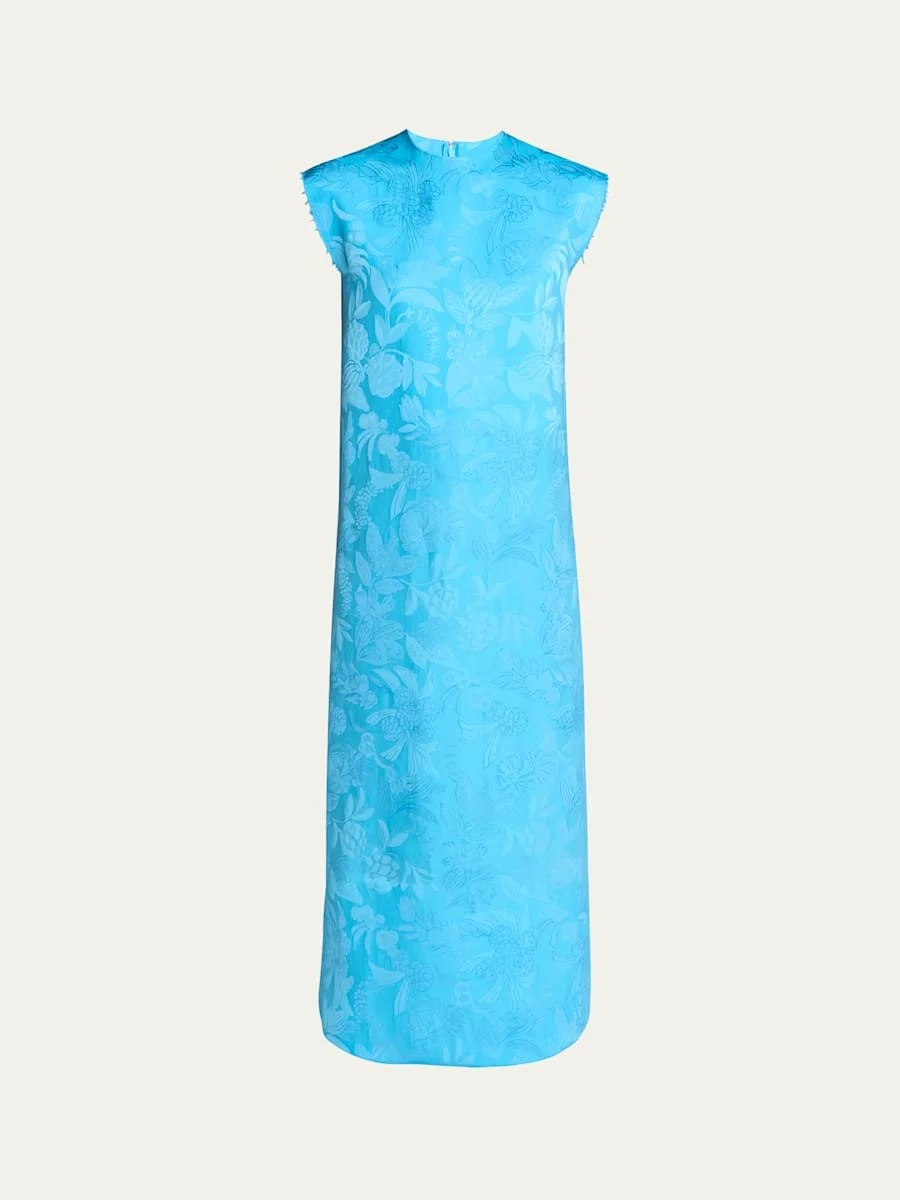 Floral Satin Jacquard Sleeveless Ankle Dress - 1