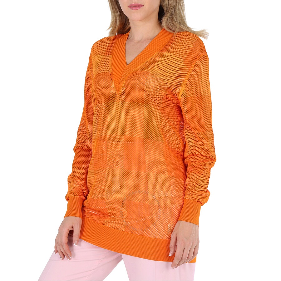 Burberry Ladies Deep Orange Zoie Check Mesh Lace V-Neck Jumper - 5