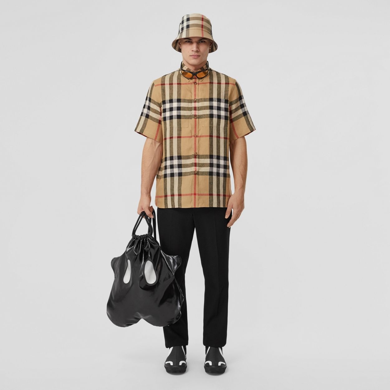 Short-sleeve Check Linen Oversized Shirt - 5