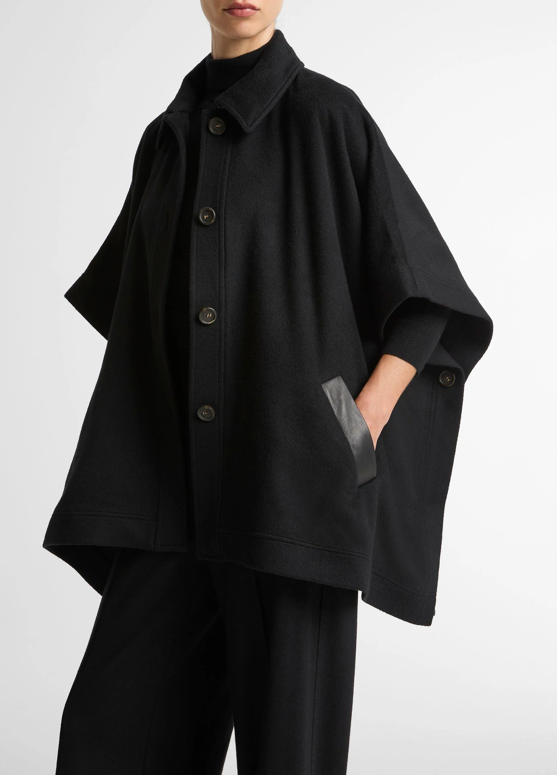 Leather-Trim Wool Cape - 1