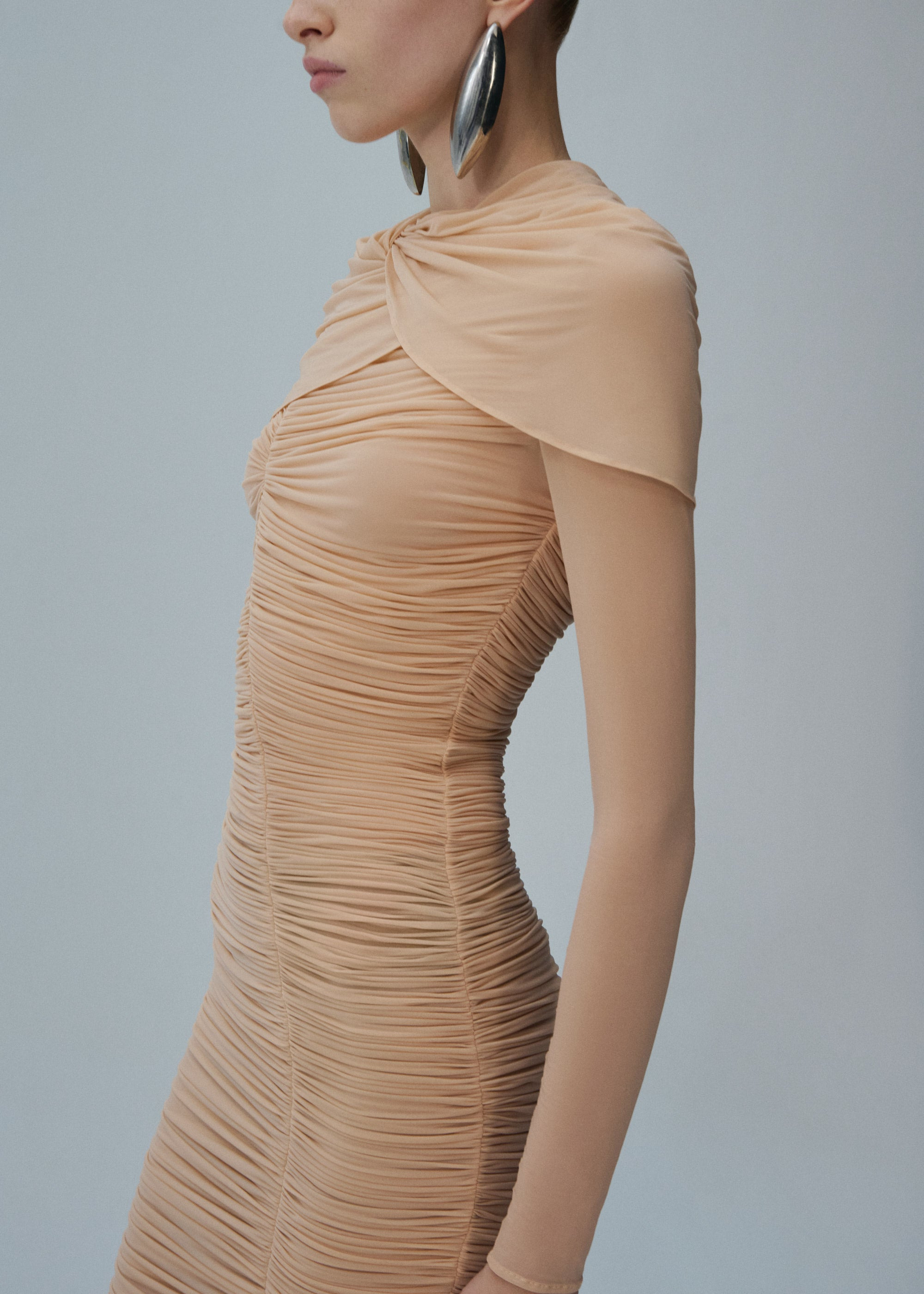 Draped high neck midi dress in beige - 4