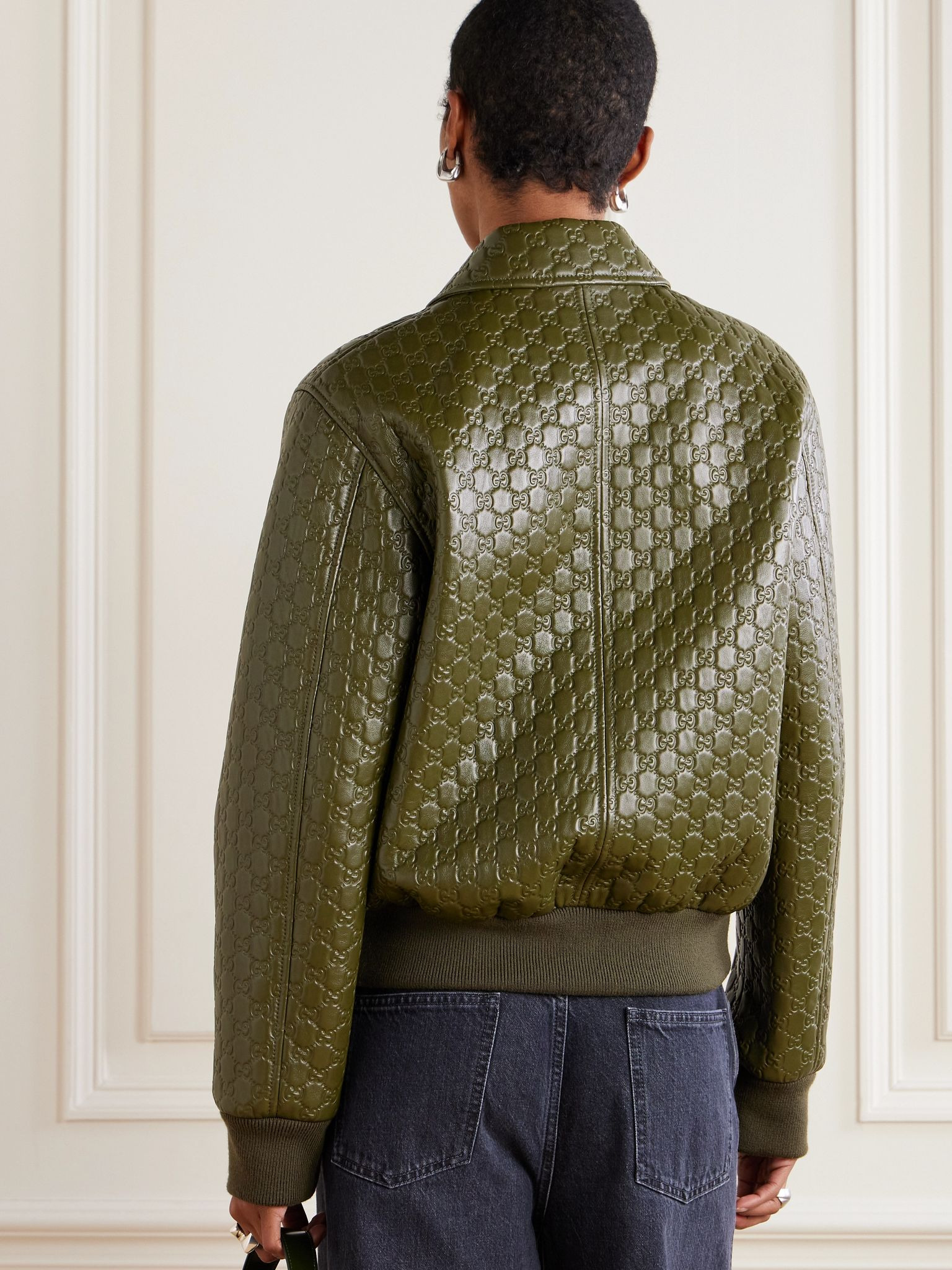 Embossed leather jacket Army green - 3