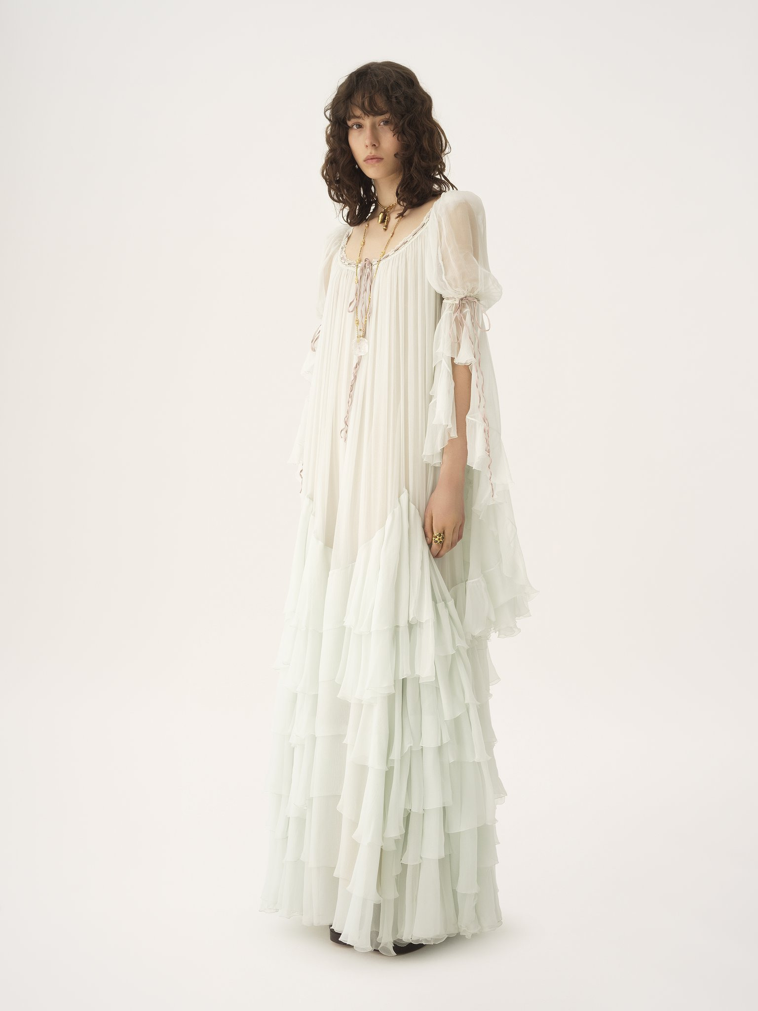 OVERSIZED LONG RUFFLED DRESS IN SILK MOUSSELINE - 4