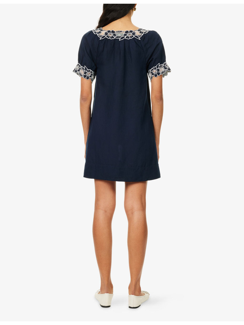 Cristina Floral-Embroidered Linen-Blend Mini Dress 4