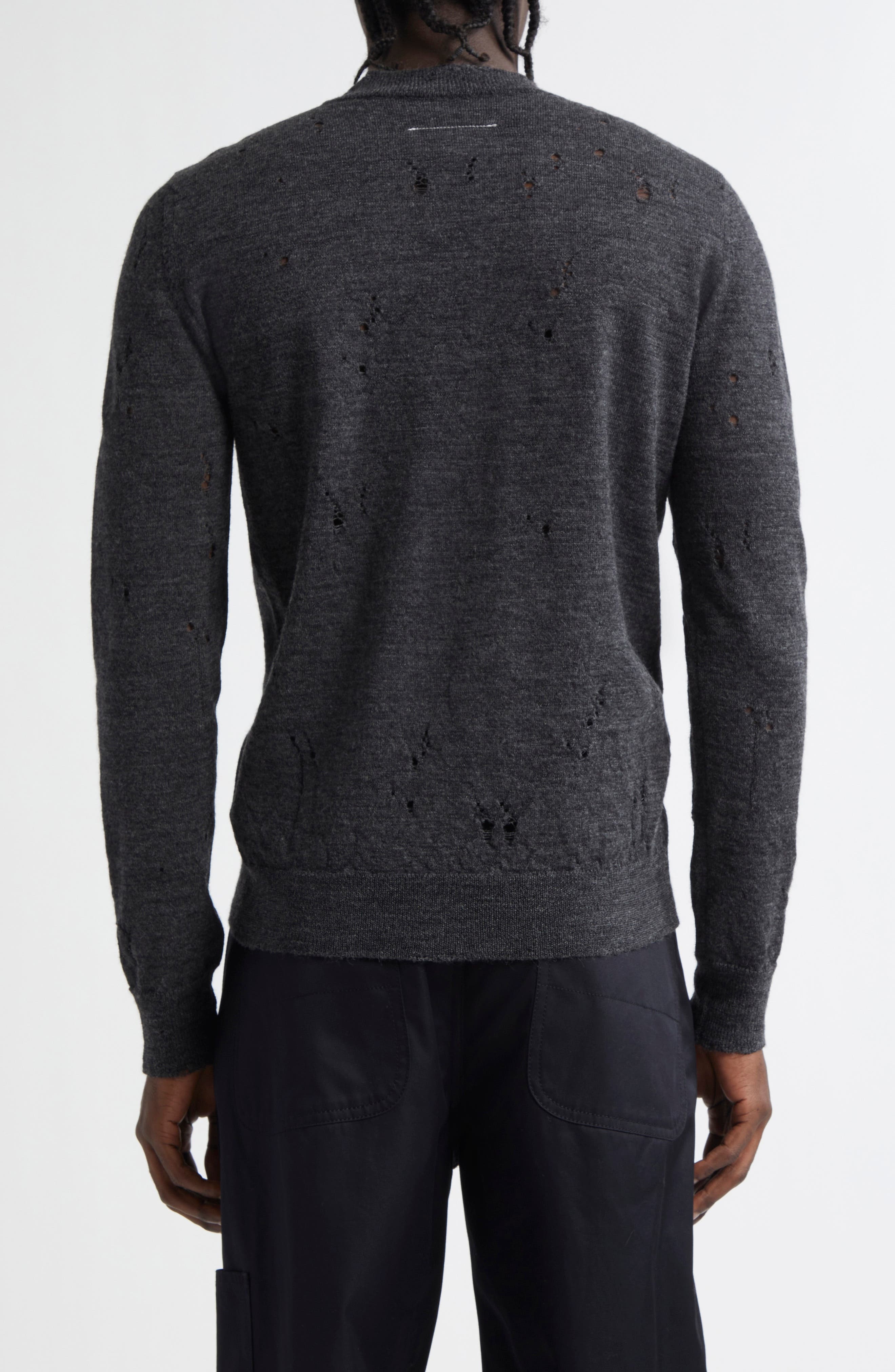 MM6 Maison Margiela Distressed Numeric Motif Virgin Wool Sweater in Dark Grey Melange at Nordstrom - 3
