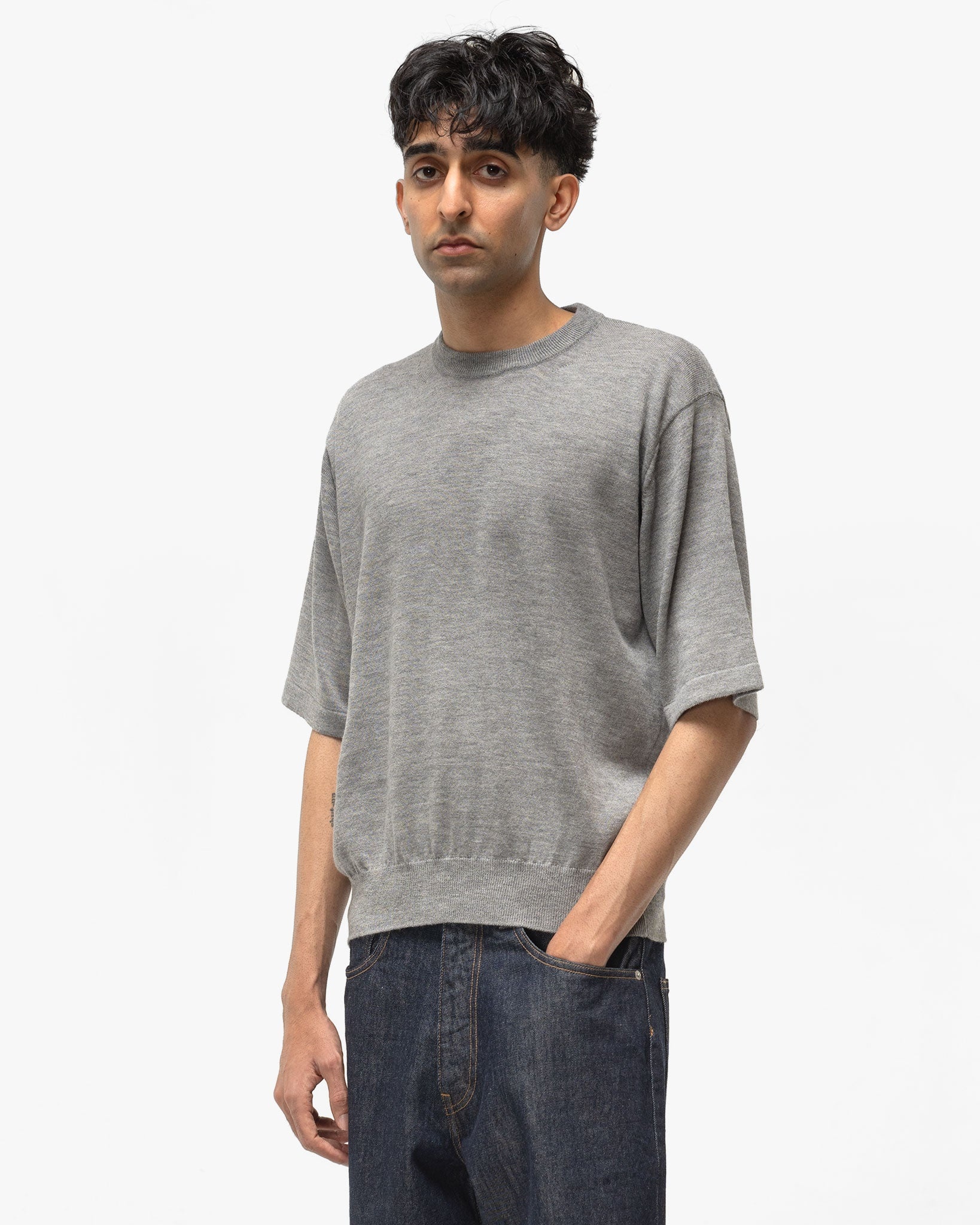 AURALEE Hard Twist Cashmere Knit Tee Top Gray | REVERSIBLE