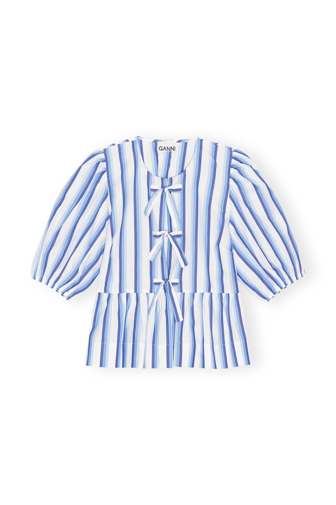 BLUE STRIPED COTTON POPLIN PEPLUM TIE BLOUSE - 6