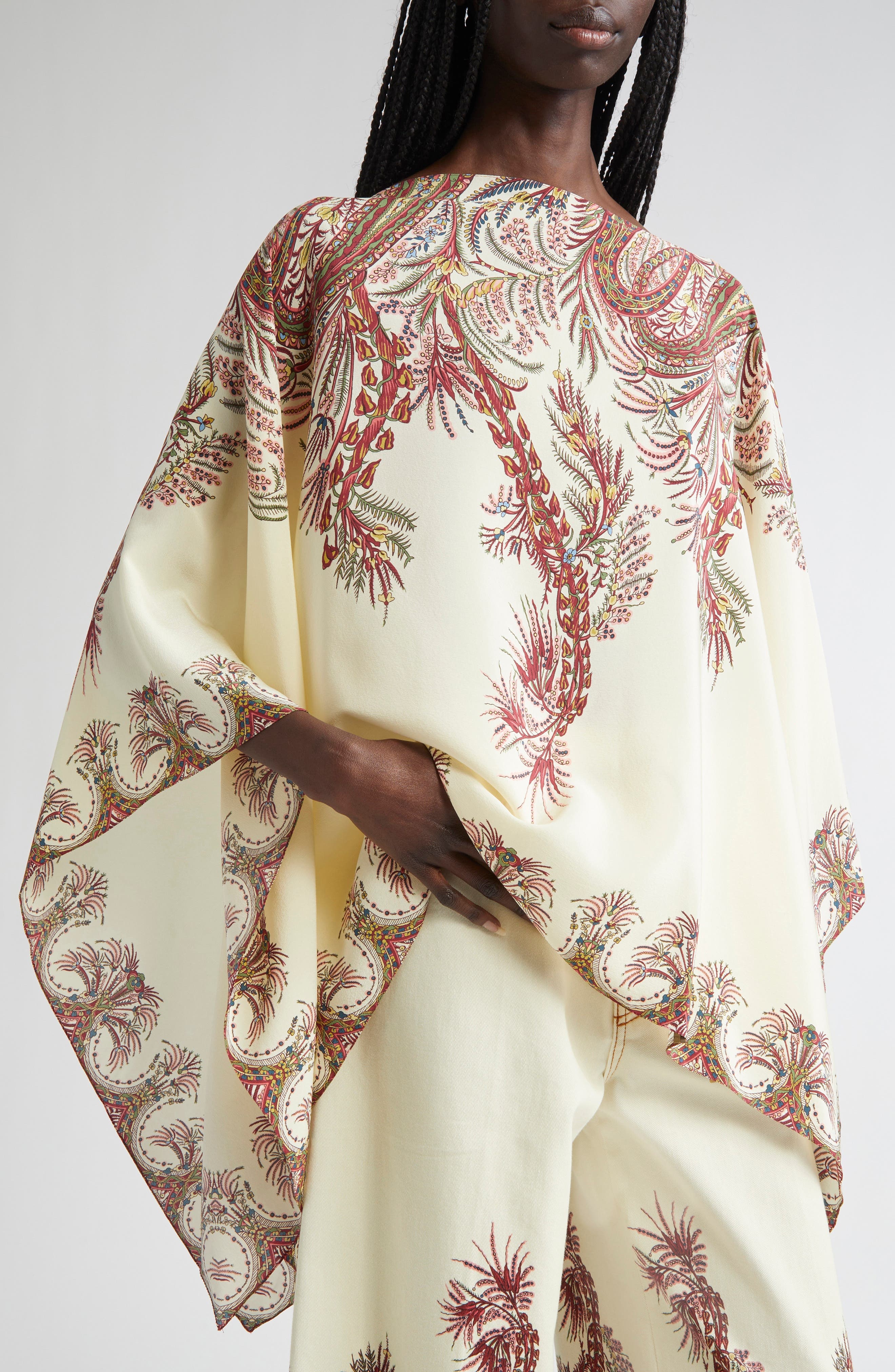 Etro Paisley Border Silk Poncho Top in Stampa F.do Bianco at Nordstrom - 5