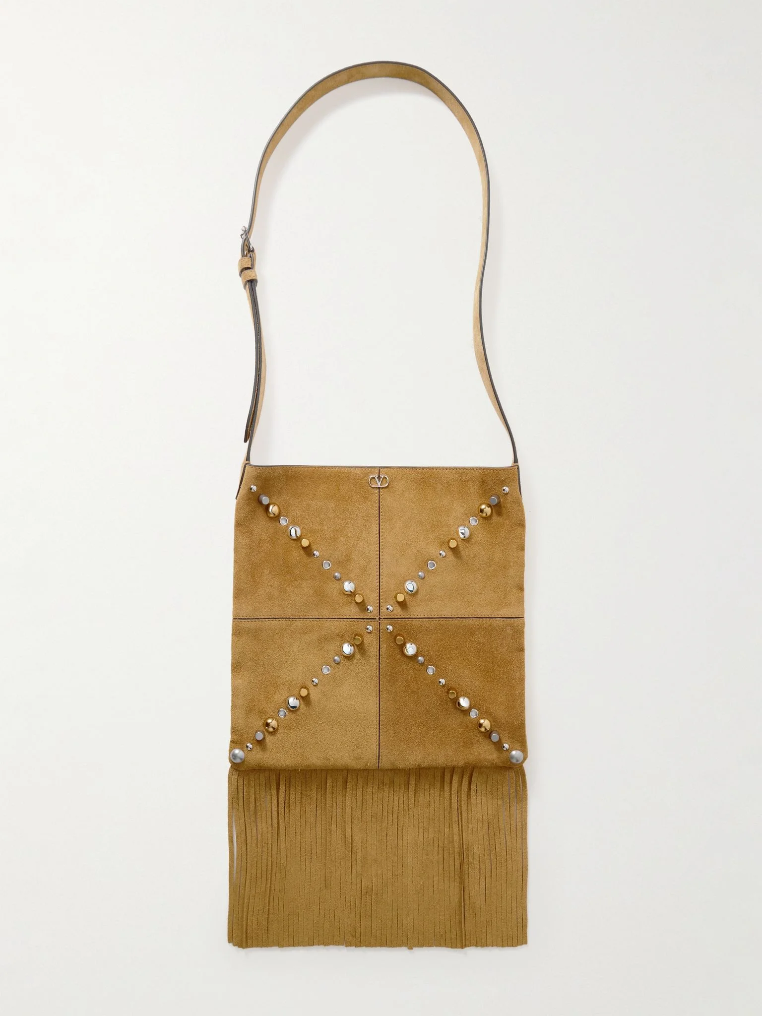 Fringed Studded Suede Shoulder Bag Brown - 1