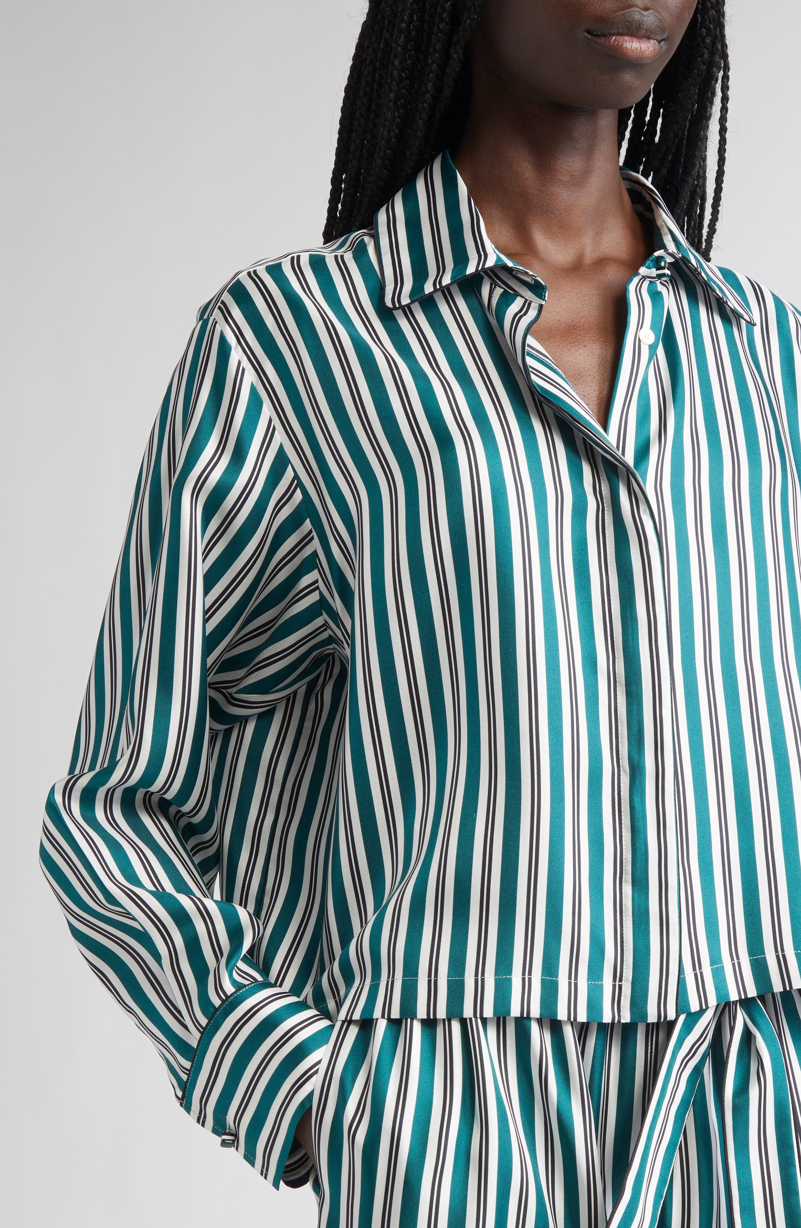 Max Mara Brama Stripe Crop Silk Button-Up Shirt in Dark Green at Nordstrom - 5