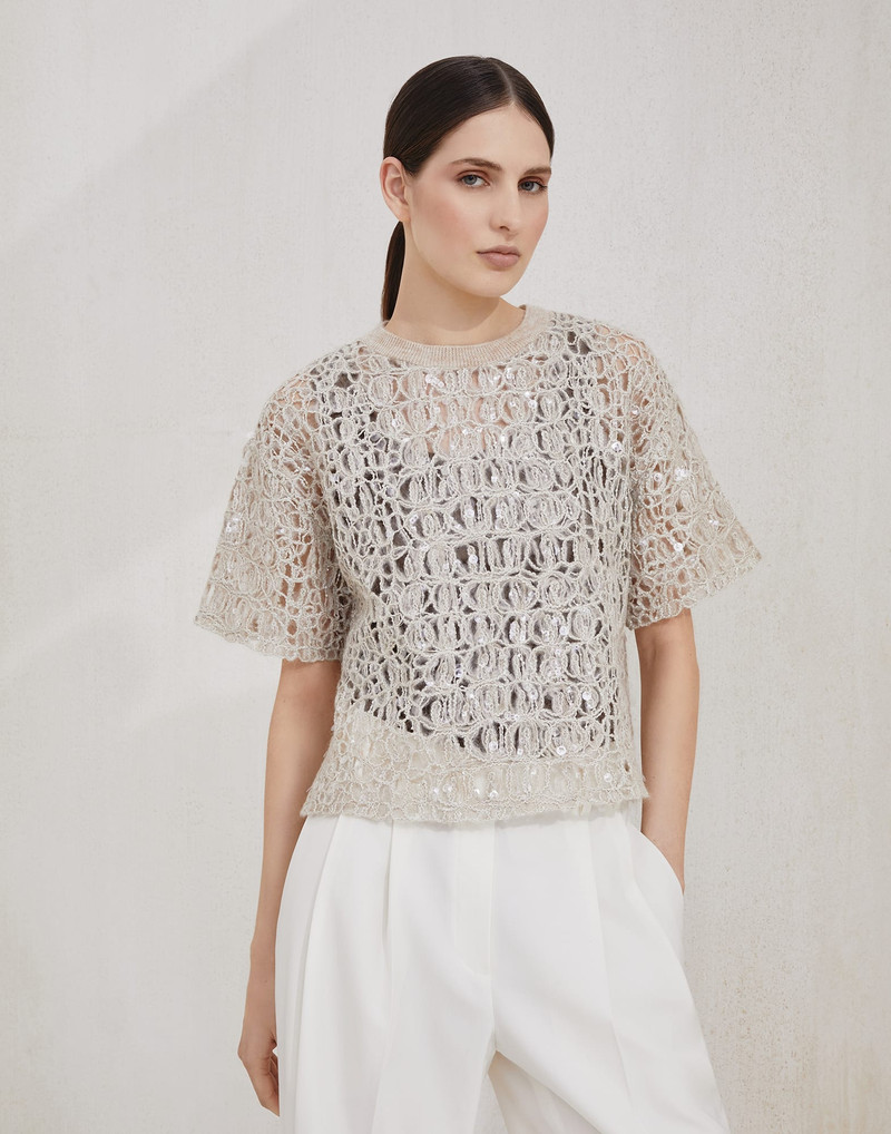 Dazzling croc embroidery knit T-shirt in mohair, silk and linen - 1