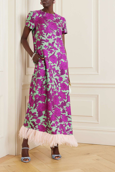 La DoubleJ Swing feather-trimmed floral-print silk-twill maxi dress outlook