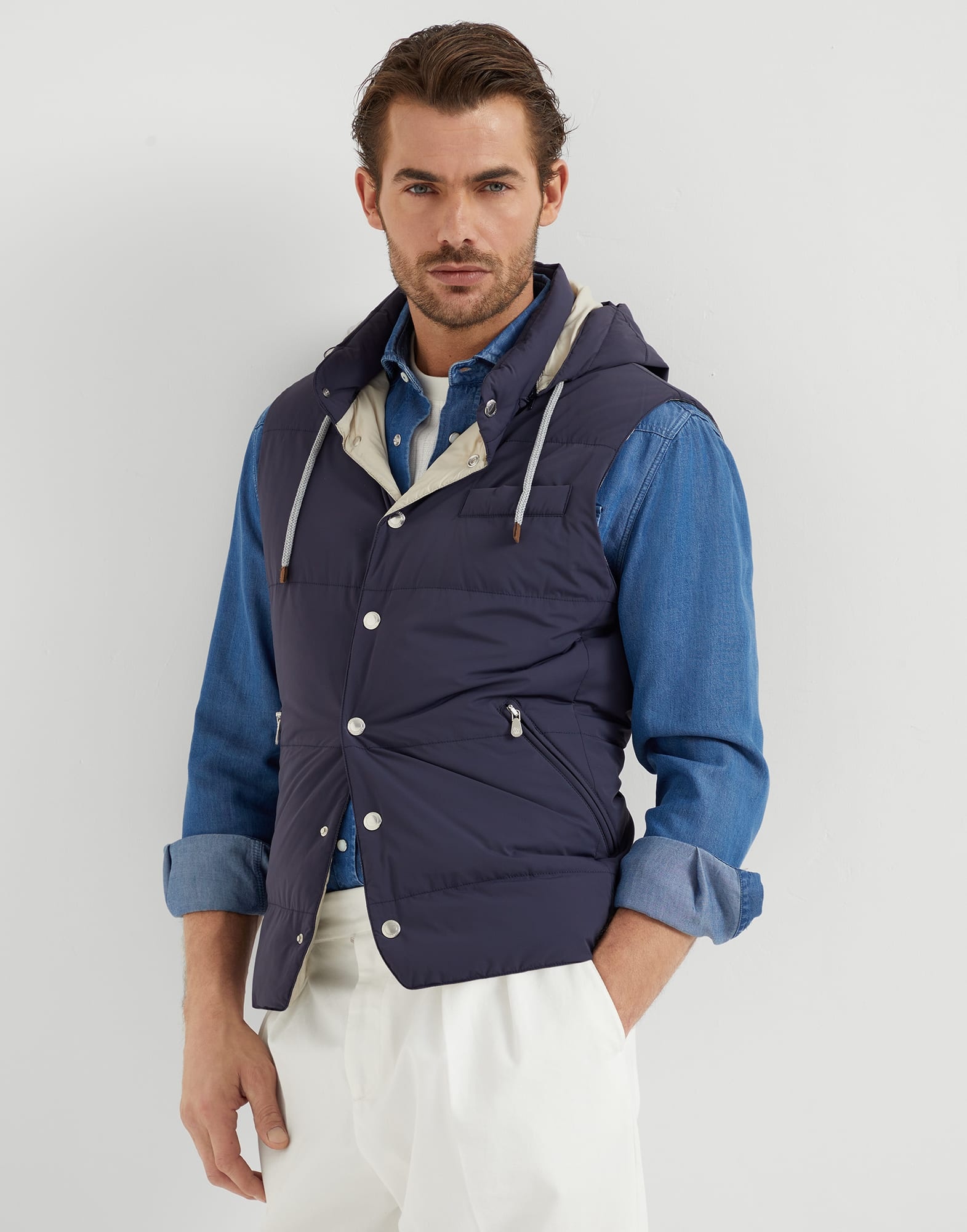 Bonded nylon down vest with detachable hood - 1