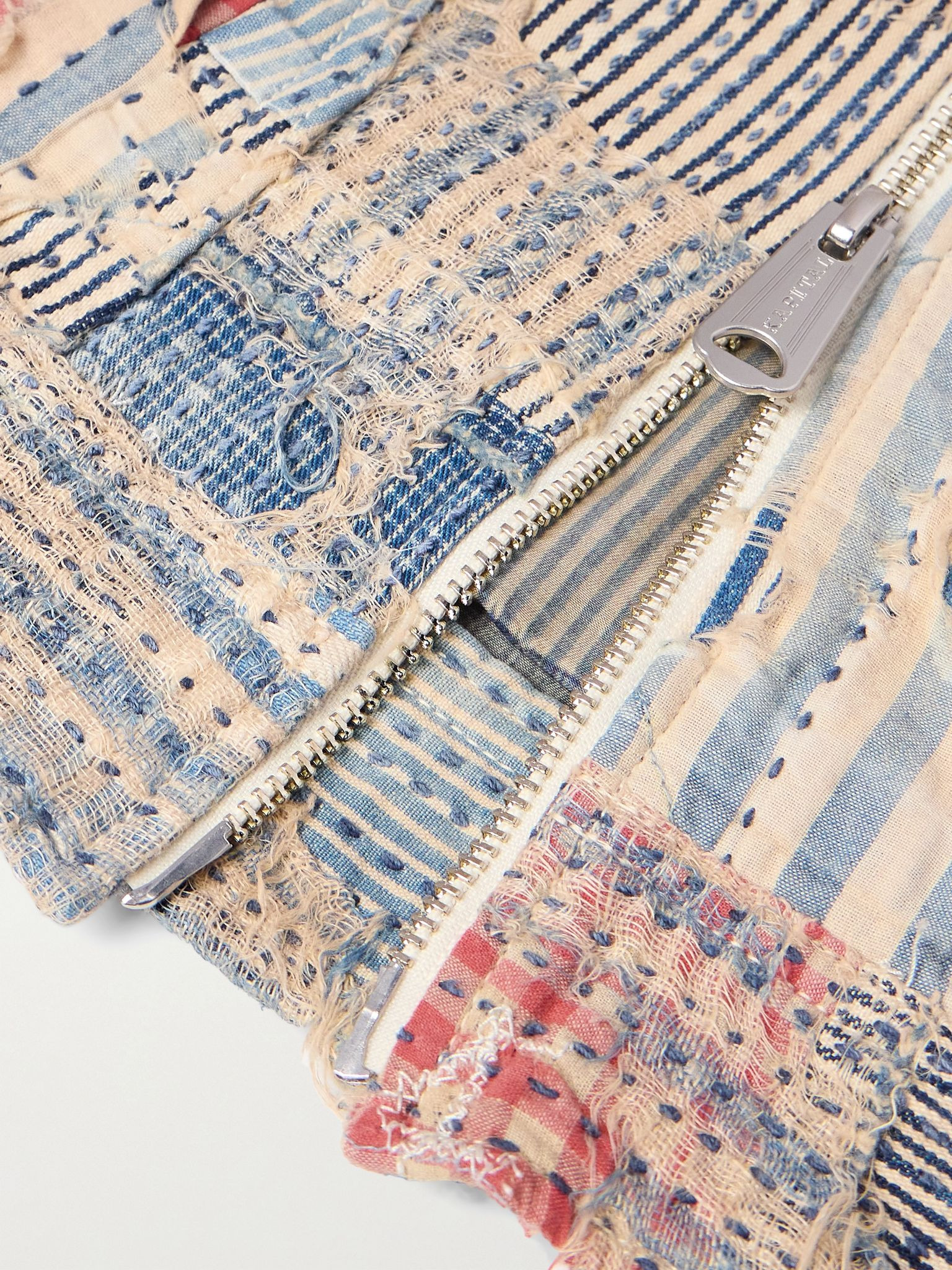 Boro Distressed Patchwork Cotton and Linen-Blend Zip-Up Jacket Blue - 6