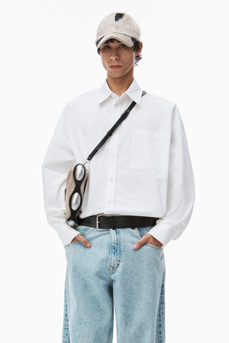 leather belted jean in denim with logo patch 4